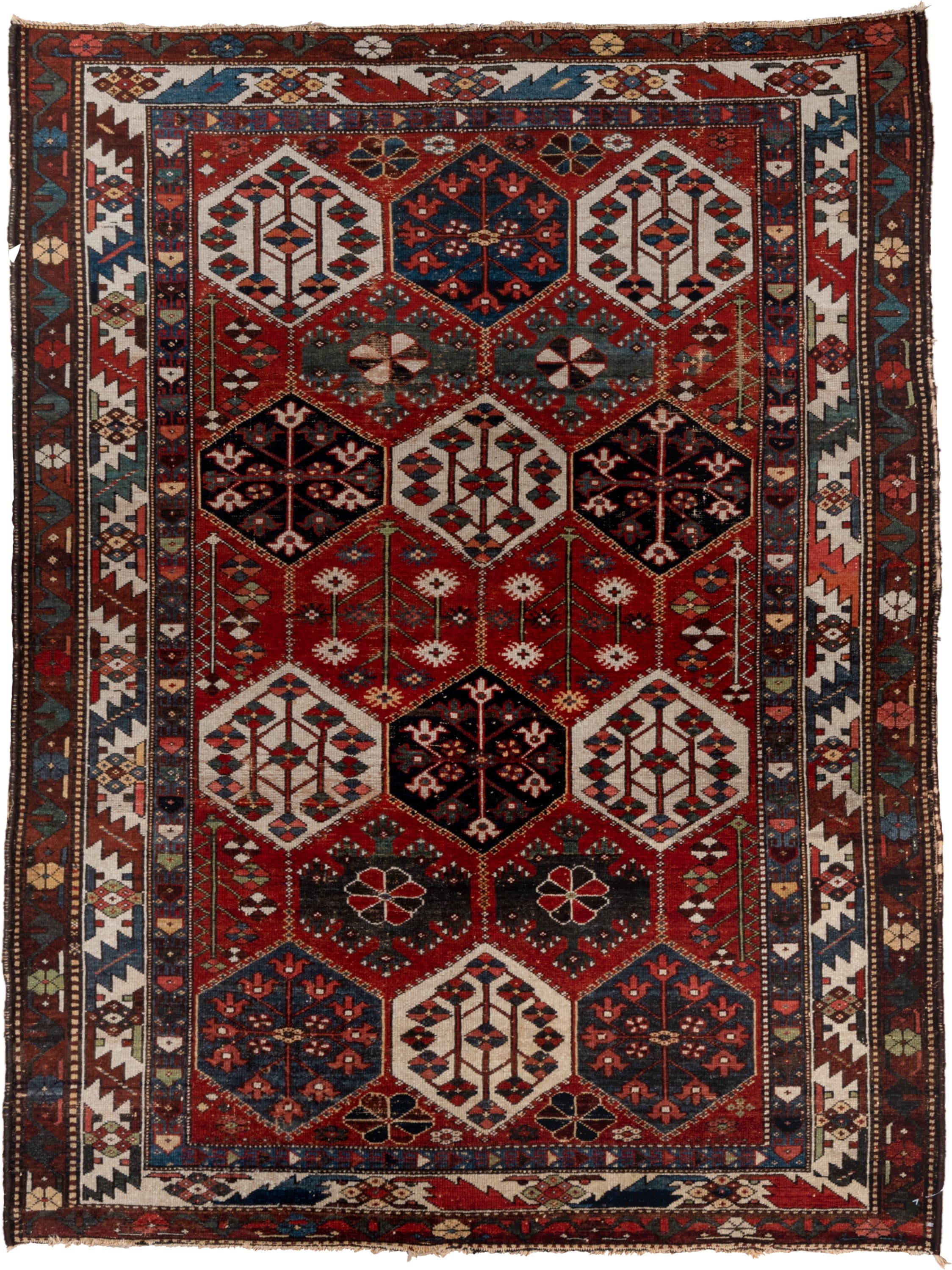 4' x 6' one-of-a-kind handmade antique Baktiary small size rug. Color palette: rust, ivory, navy, slate, burgundy, camel