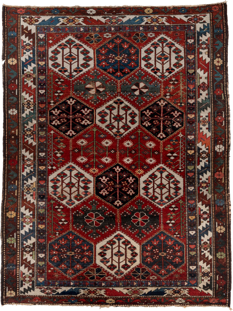4' x 6' one-of-a-kind handmade antique Baktiary small size rug. Color palette: rust, ivory, navy, slate, burgundy, camel