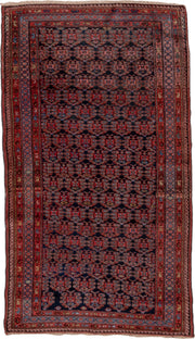 3' x 6' one-of-a-kind handmade antique Kurd small size rug. Color palette: navy, rust, brick, sky blue, crimson, ivory