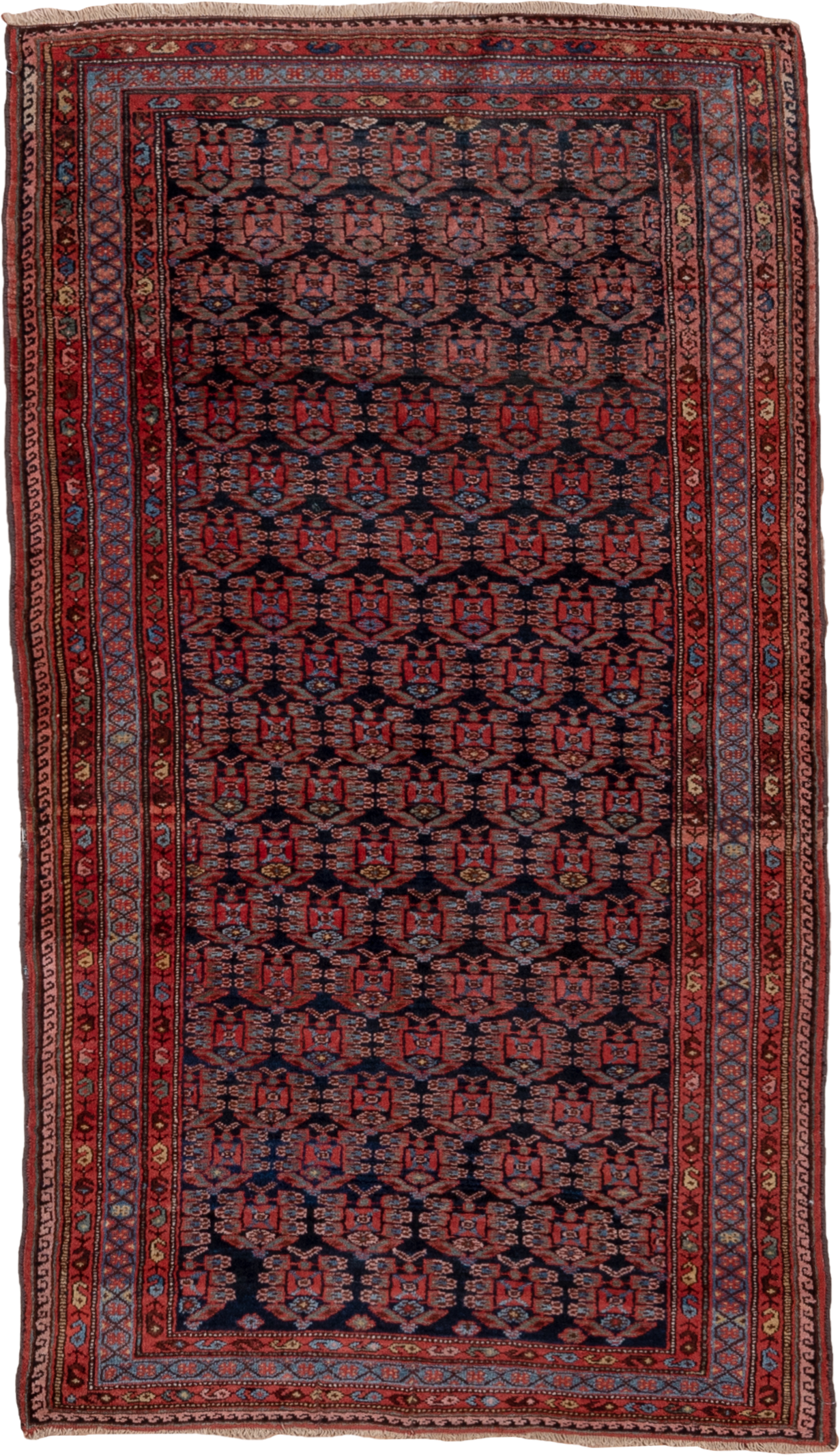 3' x 6' one-of-a-kind handmade antique Kurd small size rug. Color palette: navy, rust, brick, sky blue, crimson, ivory