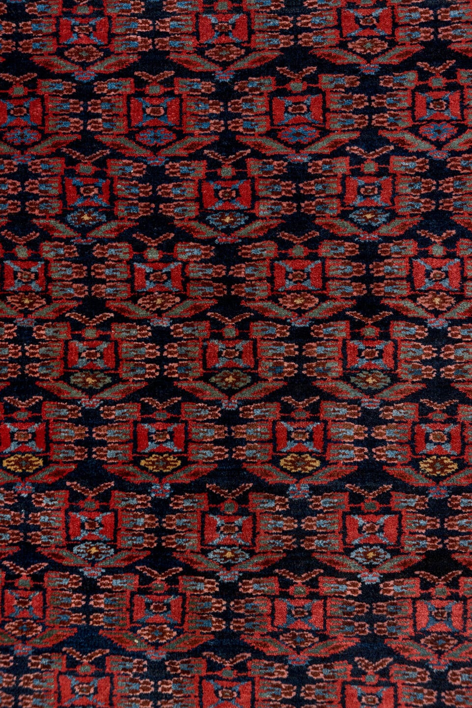 3' x 6' one-of-a-kind handmade antique Kurd small size rug. Color palette: navy, rust, brick, sky blue, crimson, ivory