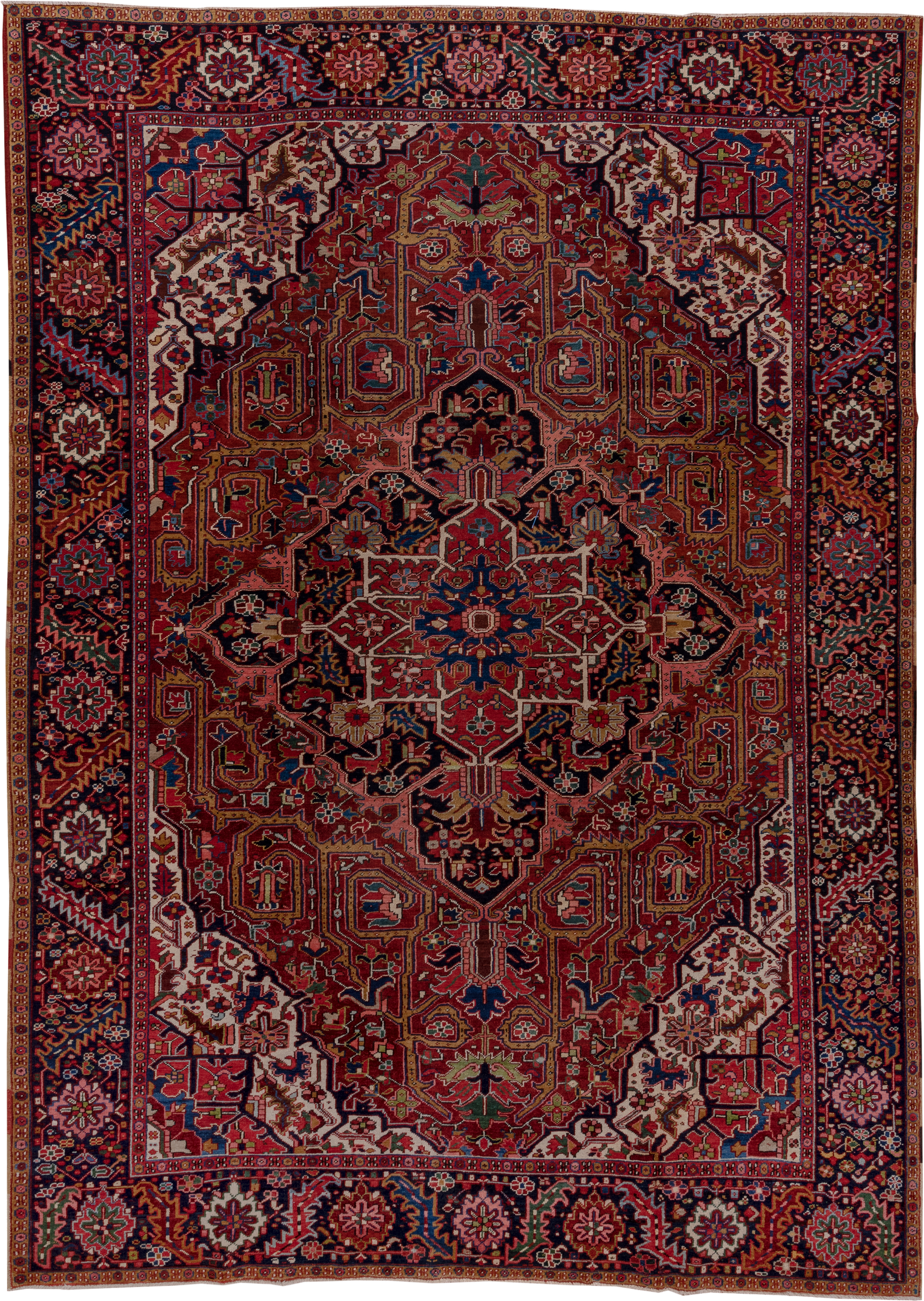 8' x 12' one-of-a-kind handmade antique Heriz large size rug. Color palette: rust, navy, ivory, brick, rose, sky_blue, olive