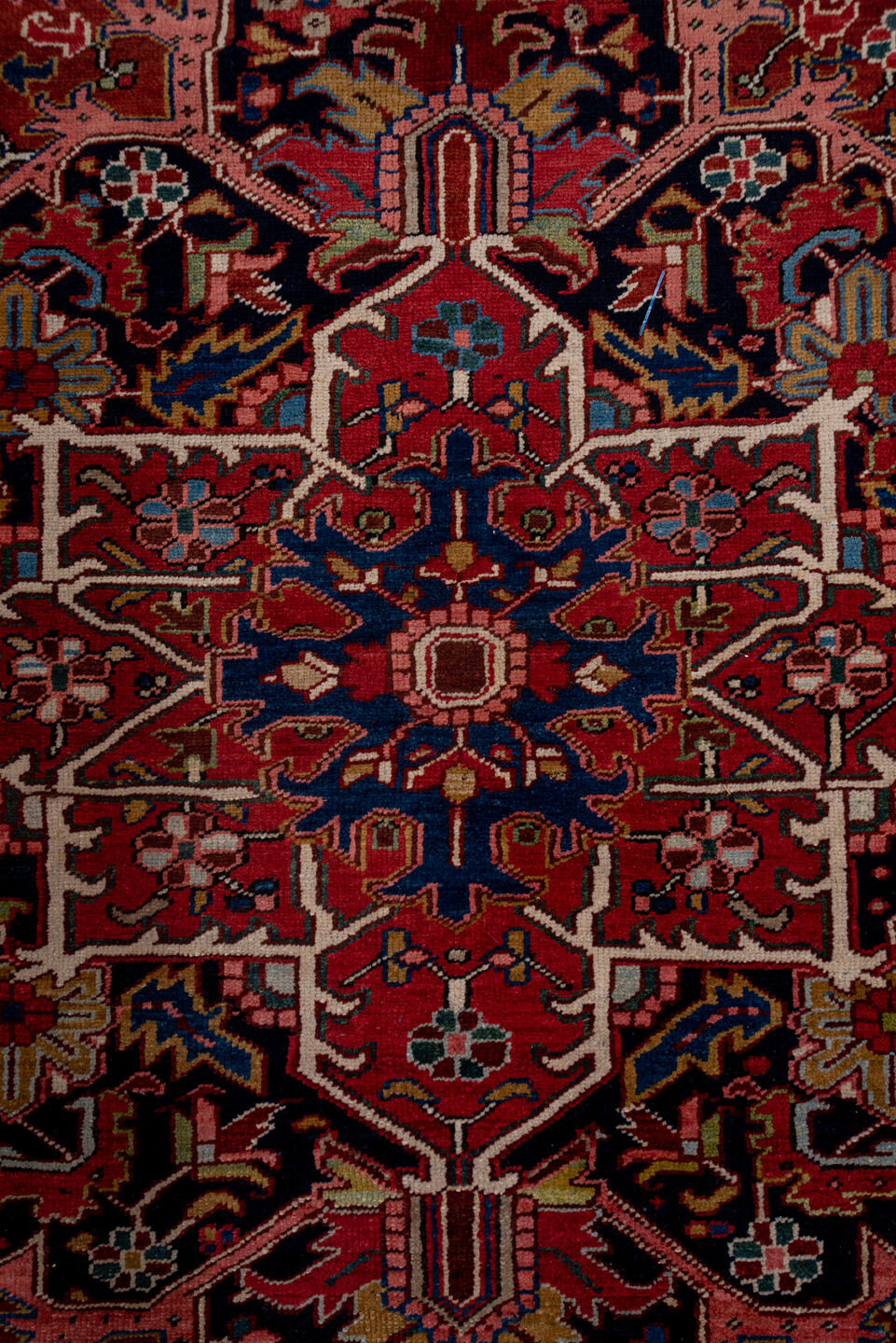 8' x 12' one-of-a-kind handmade antique Heriz large size rug. Color palette: rust, navy, ivory, brick, rose, sky_blue, olive