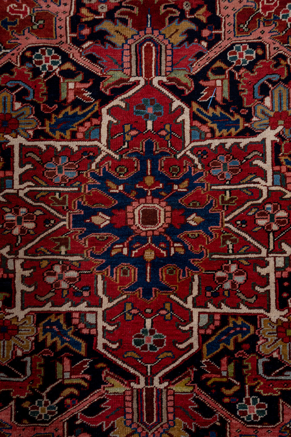 8' x 12' one-of-a-kind handmade antique Heriz large size rug. Color palette: rust, navy, ivory, brick, rose, sky_blue, olive