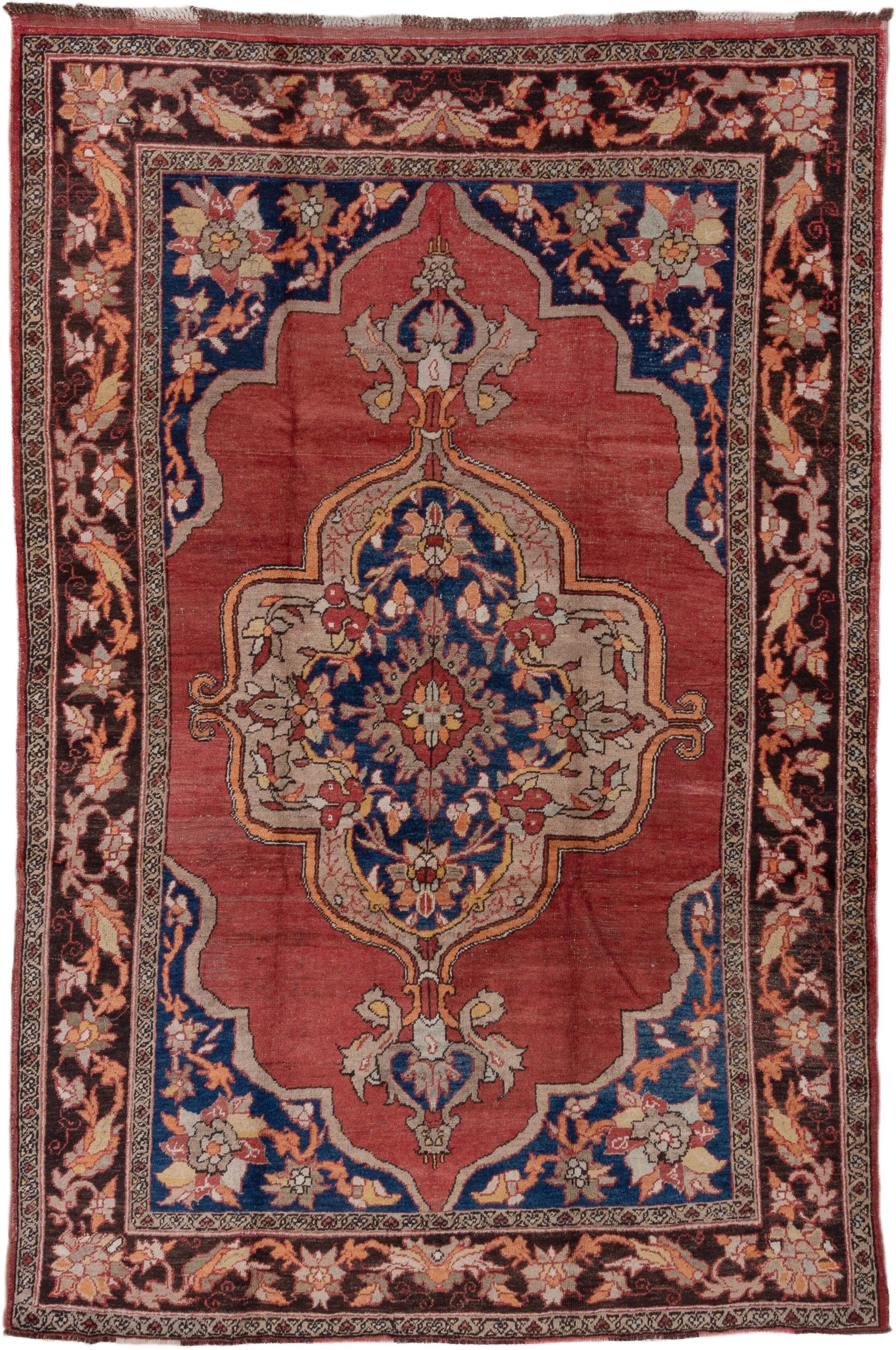 6' x 10' one-of-a-kind handmade vintage Oushak large size rug. Color palette: terra cotta, navy, ivory, burgundy, rose, gold