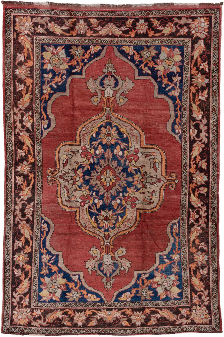 6' x 10' one-of-a-kind handmade vintage Oushak large size rug. Color palette: terra cotta, navy, ivory, burgundy, rose, gold