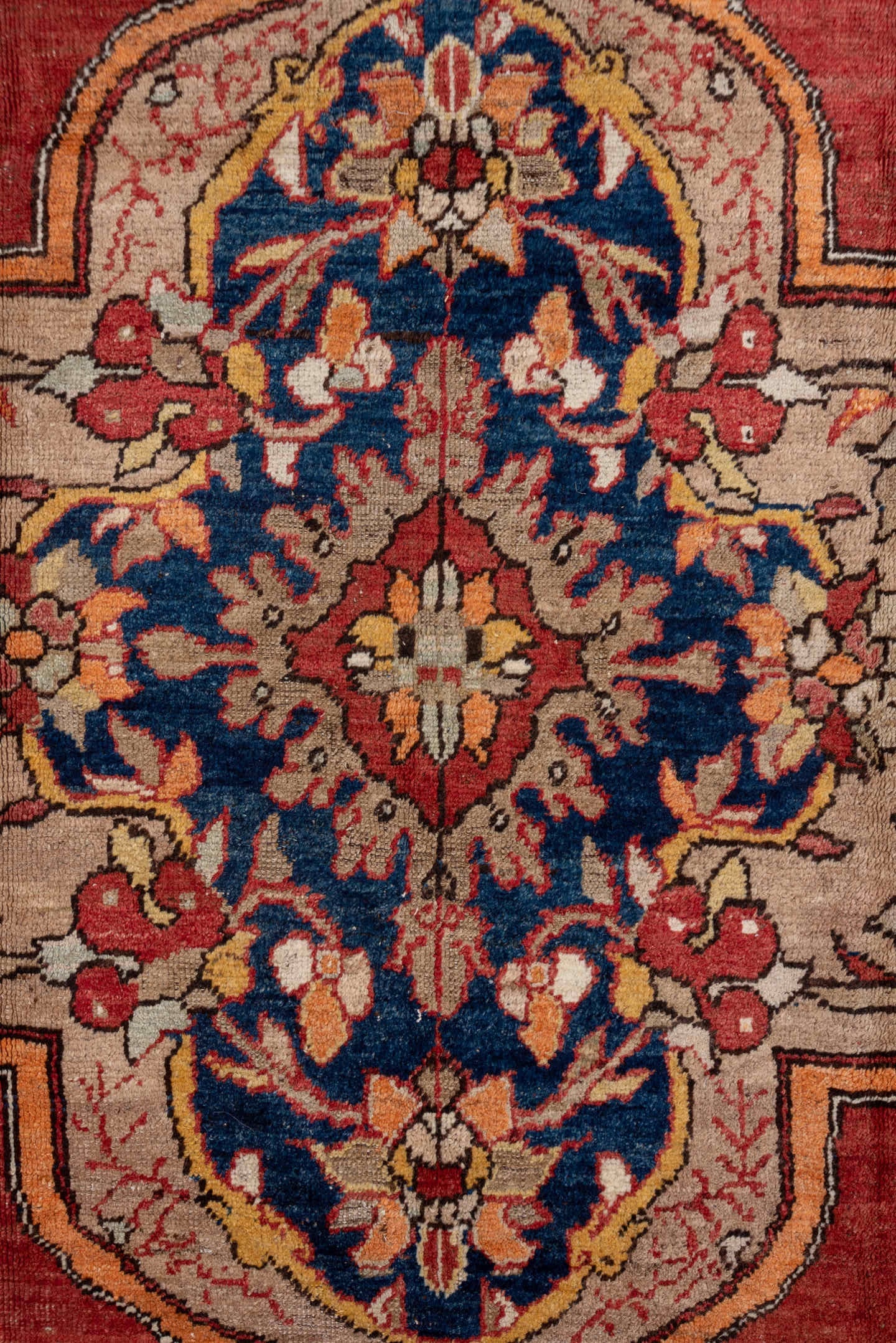 6' x 10' one-of-a-kind handmade vintage Oushak large size rug. Color palette: terra cotta, navy, ivory, burgundy, rose, gold