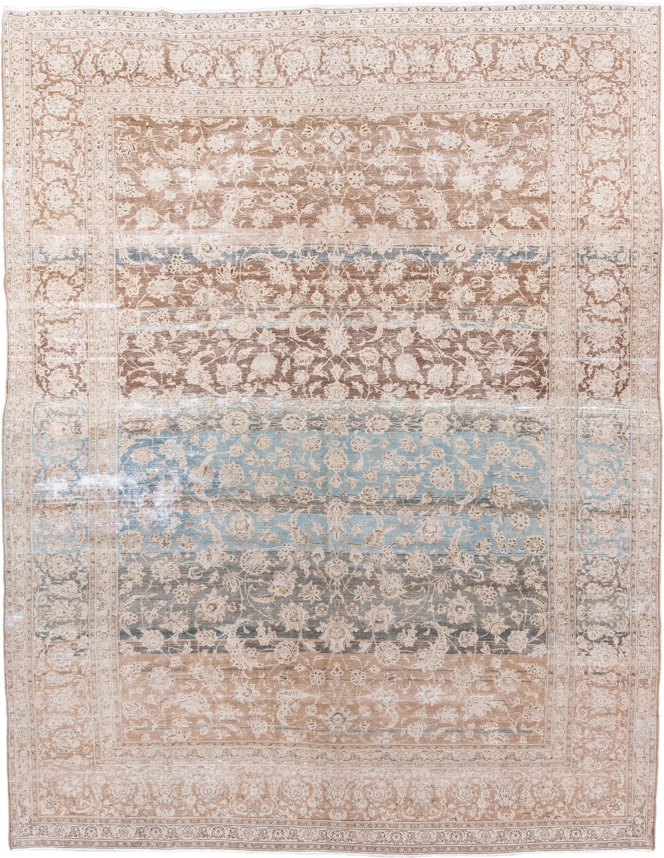 10' x 12' one-of-a-kind handmade vintage Kashan large size rug. Color palette: ivory, taupe, sky blue, gray, beige