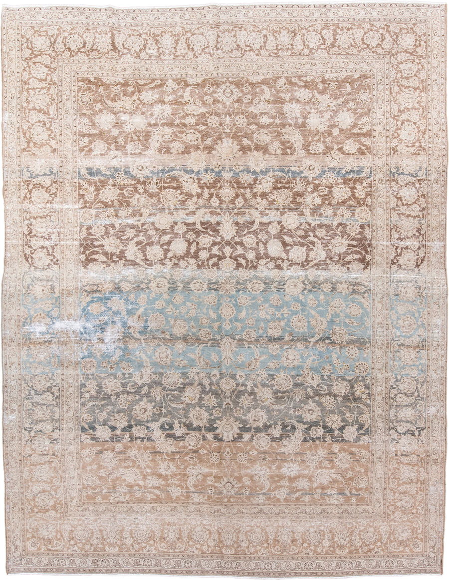 10' x 12' one-of-a-kind handmade vintage Kashan large size rug. Color palette: ivory, taupe, sky blue, gray, beige