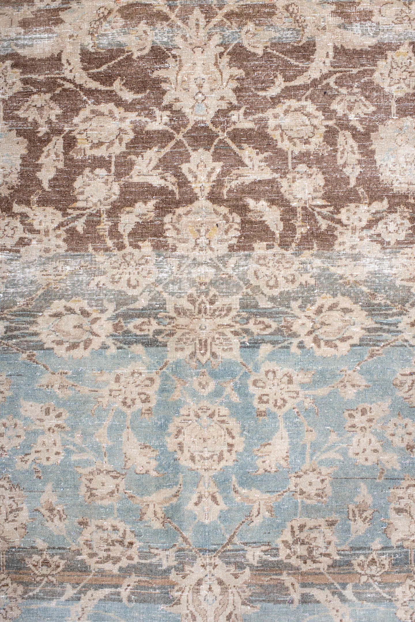 10' x 12' one-of-a-kind handmade vintage Kashan large size rug. Color palette: ivory, taupe, sky blue, gray, beige
