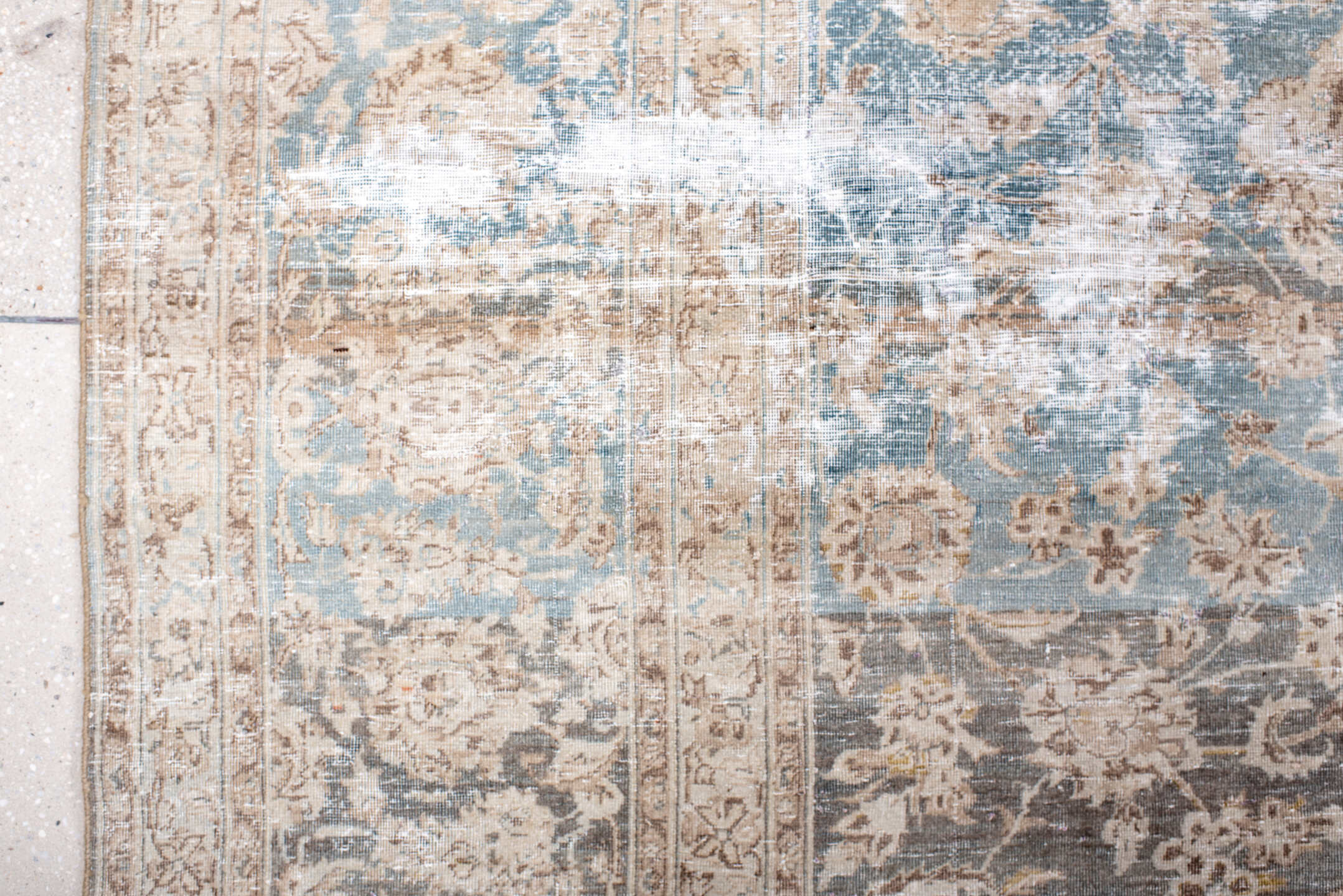 10' x 12' one-of-a-kind handmade vintage Kashan large size rug. Color palette: ivory, taupe, sky blue, gray, beige