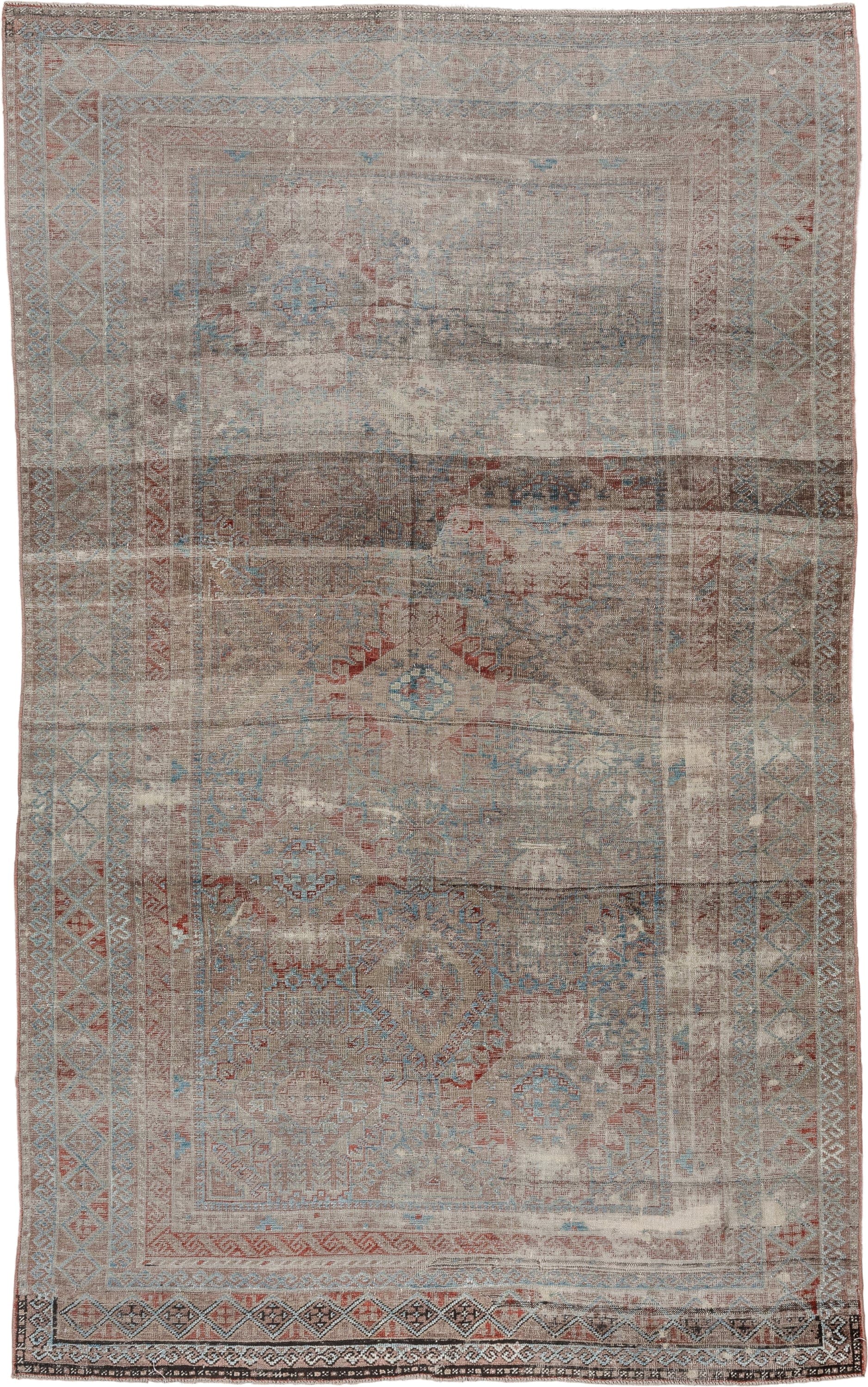 5' x 10' one-of-a-kind handmade vintage Belouch runner rug. Color palette: taupe, ivory, sky blue, rust, brown, camel