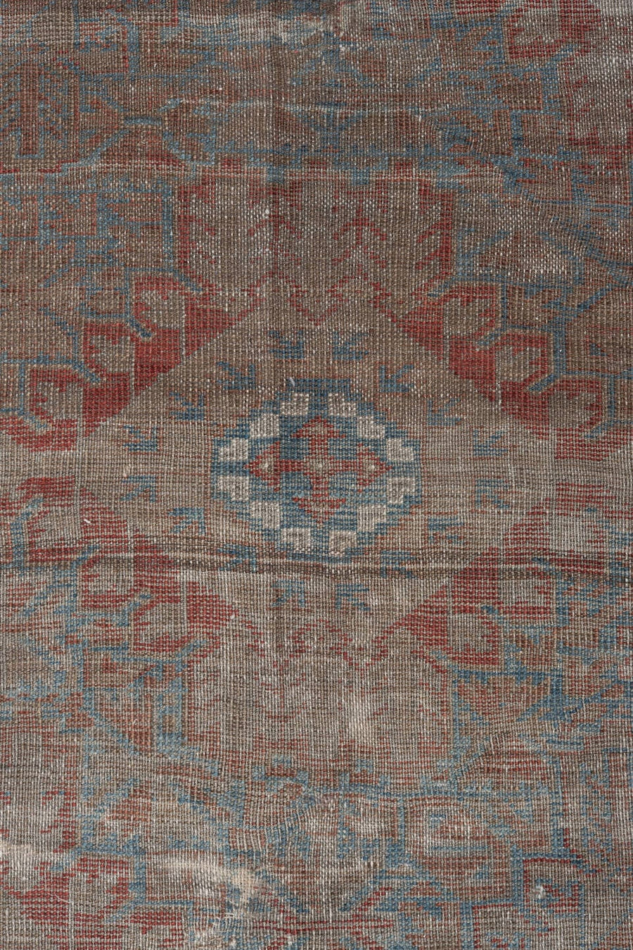 5' x 10' one-of-a-kind handmade vintage Belouch runner rug. Color palette: taupe, ivory, sky blue, rust, brown, camel