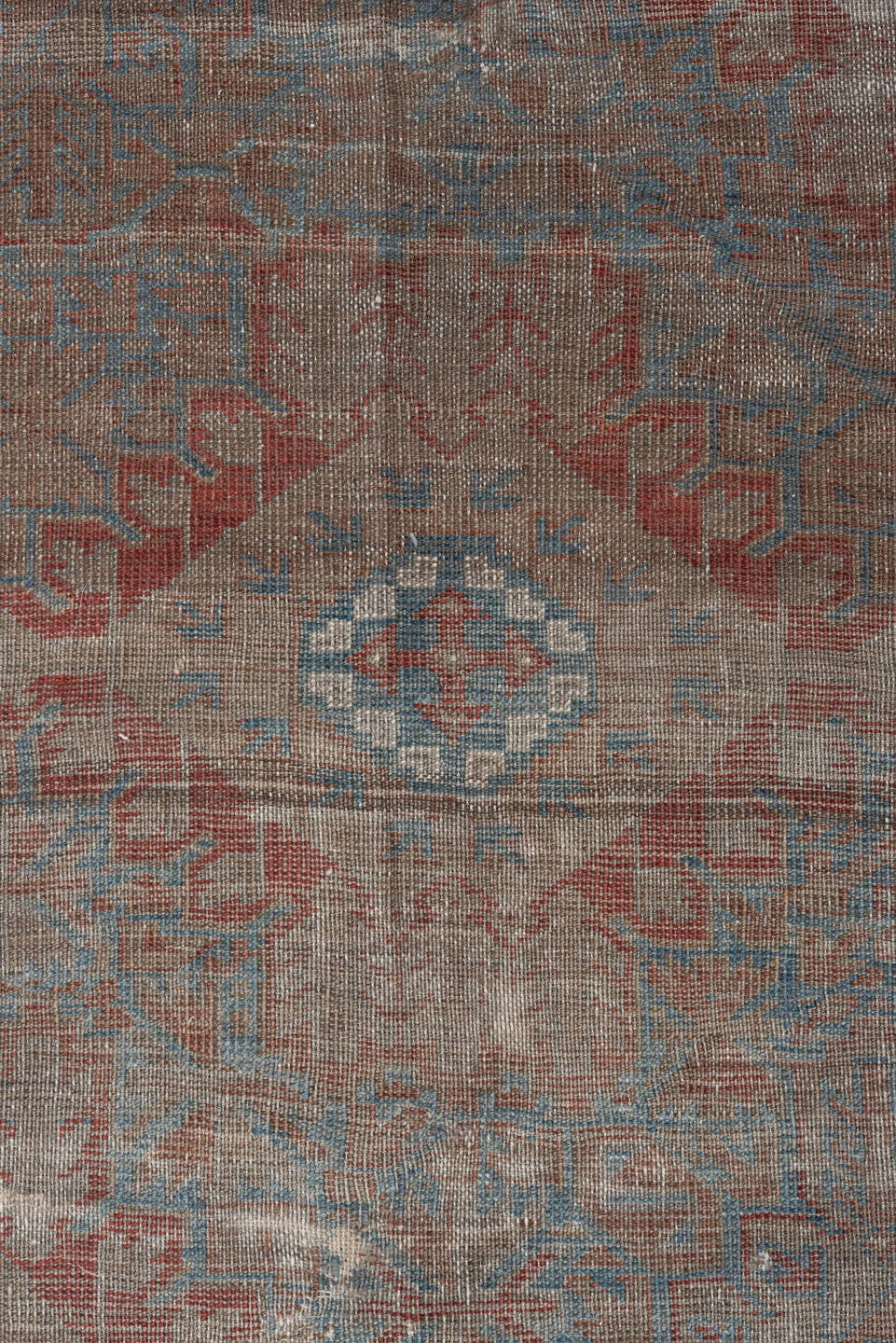 5' x 10' one-of-a-kind handmade vintage Belouch runner rug. Color palette: taupe, ivory, sky blue, rust, brown, camel