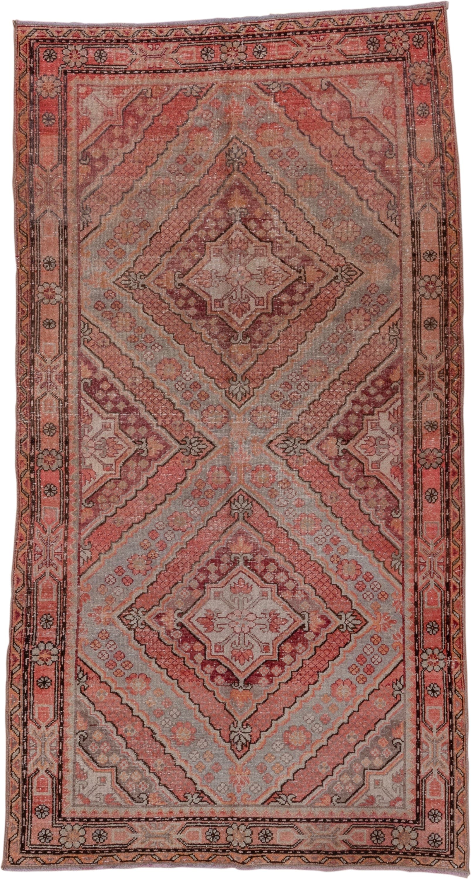 4' x 8' one-of-a-kind handmade vintage Khotan rug. Color palette: rose, blush, dusty pink, taupe, gray, burgundy, ivory