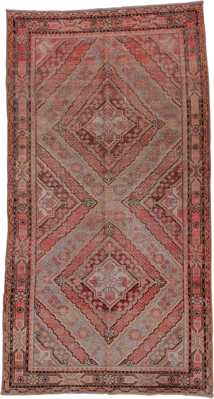 4' x 8' one-of-a-kind handmade vintage Khotan rug. Color palette: rose, blush, dusty pink, taupe, gray, burgundy, ivory