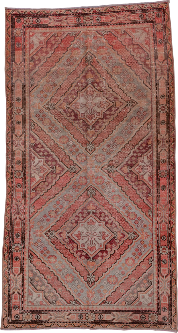 4' x 8' one-of-a-kind handmade vintage Khotan rug. Color palette: rose, blush, dusty pink, taupe, gray, burgundy, ivory