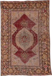 5' x 8' one-of-a-kind handmade vintage Oushak medium size rug. Color palette: rose, ivory, brown, taupe, gold, sage