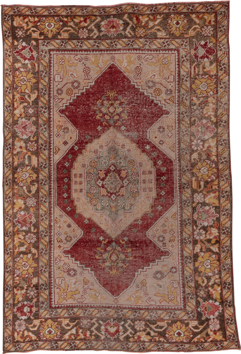 5' x 8' one-of-a-kind handmade vintage Oushak medium size rug. Color palette: rose, ivory, brown, taupe, gold, sage