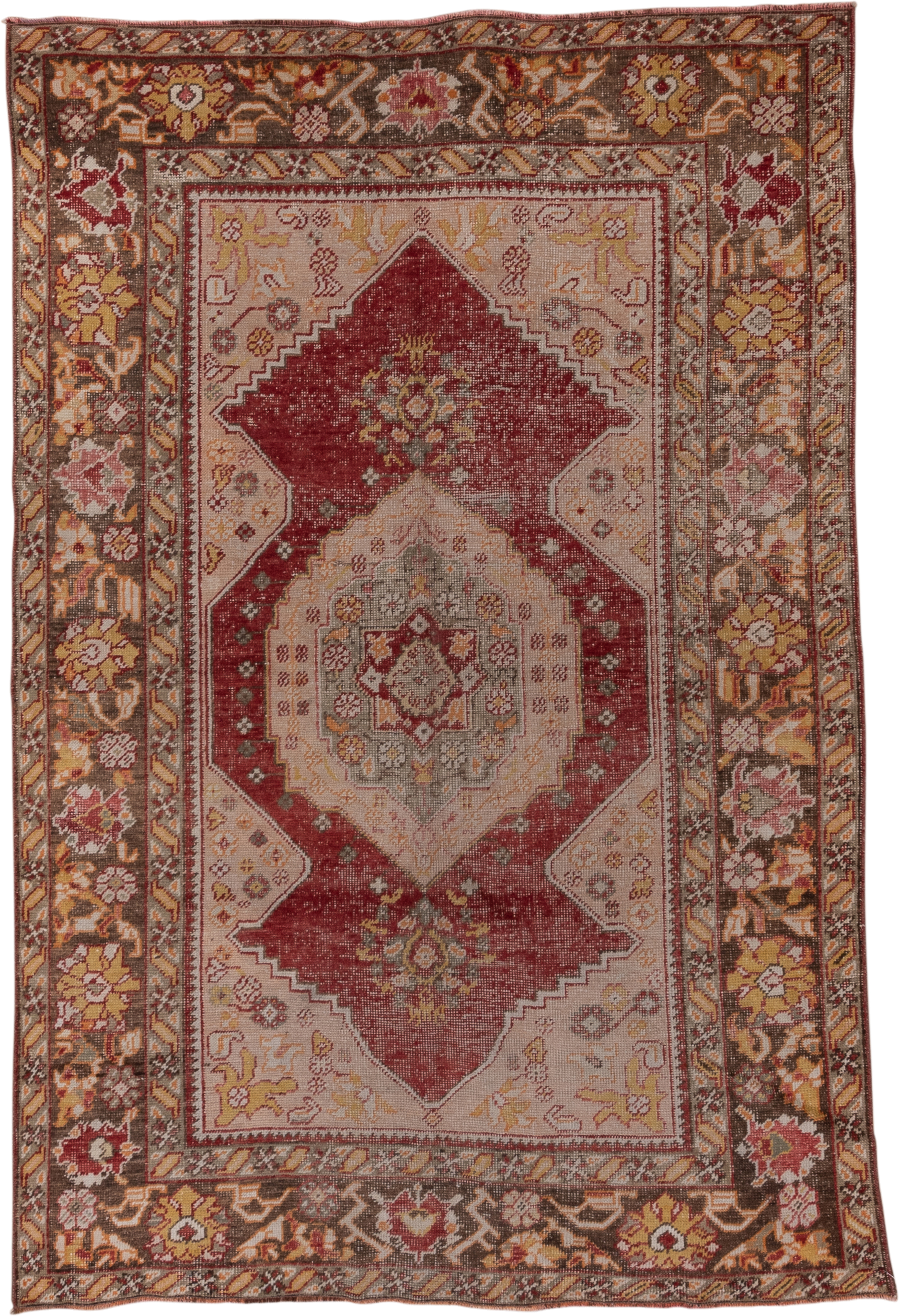 5' x 8' one-of-a-kind handmade vintage Oushak medium size rug. Color palette: rose, ivory, brown, taupe, gold, sage