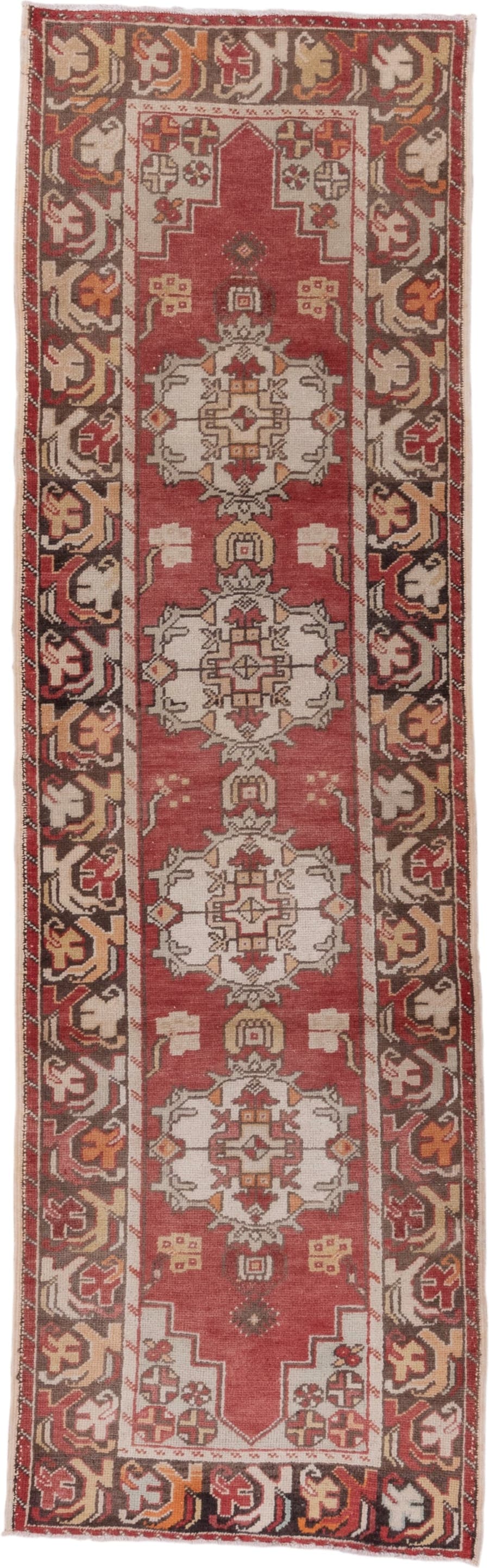 2' x 9' one-of-a-kind handmade vintage Oushak runner rug. Color palette: rust, ivory, charcoal, terra cotta, camel, rose
