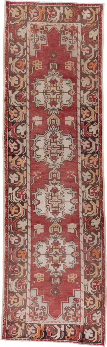 2' x 9' one-of-a-kind handmade vintage Oushak runner rug. Color palette: brown, gray, light gray, off-white, pink, red