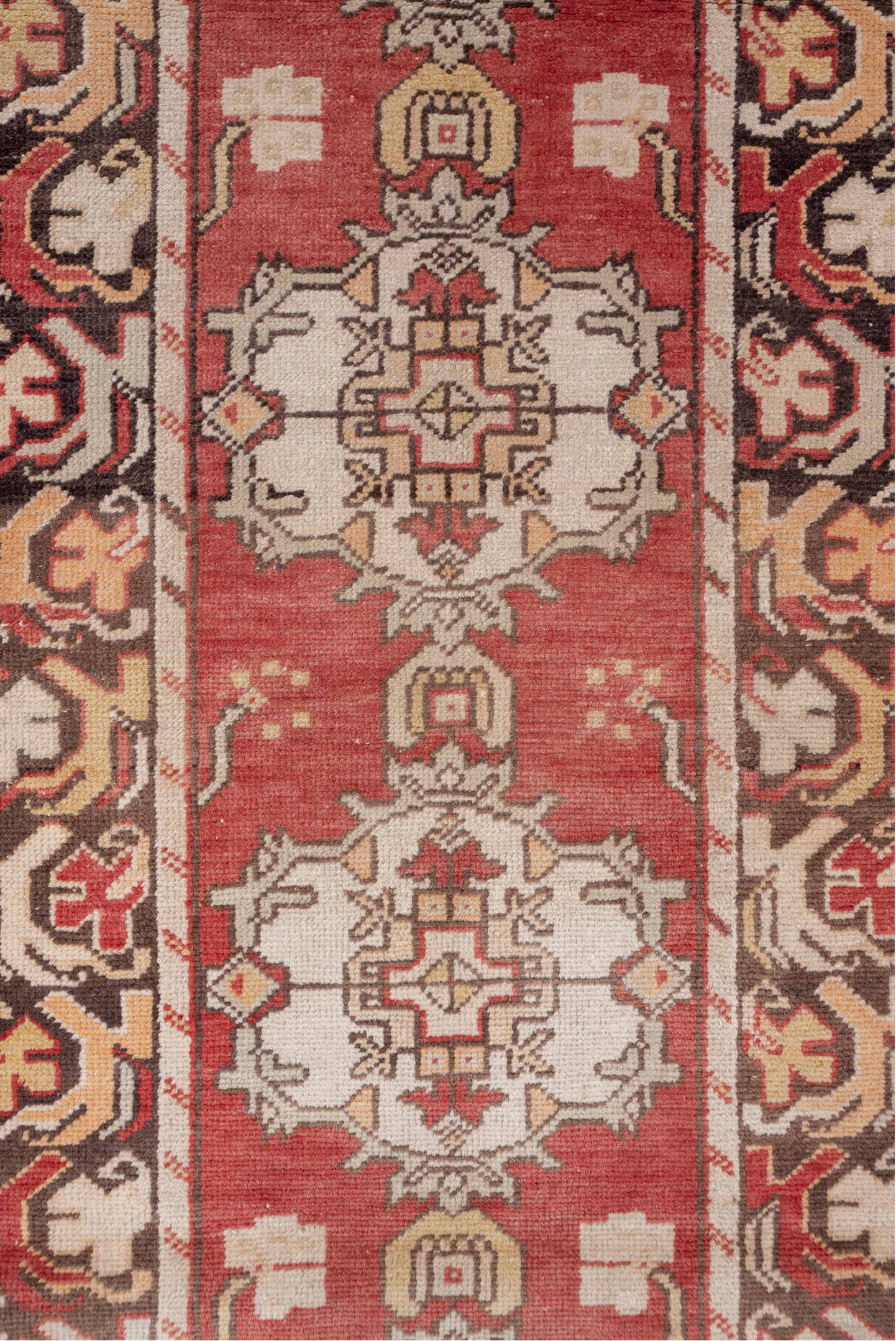 2' x 9' one-of-a-kind handmade vintage Oushak runner rug. Color palette: rust, ivory, charcoal, terra cotta, camel, rose