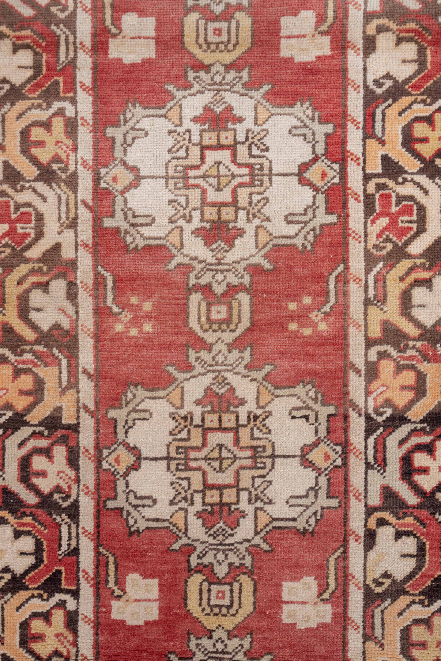 2' x 9' one-of-a-kind handmade vintage Oushak runner rug. Color palette: rust, ivory, charcoal, terra cotta, camel, rose
