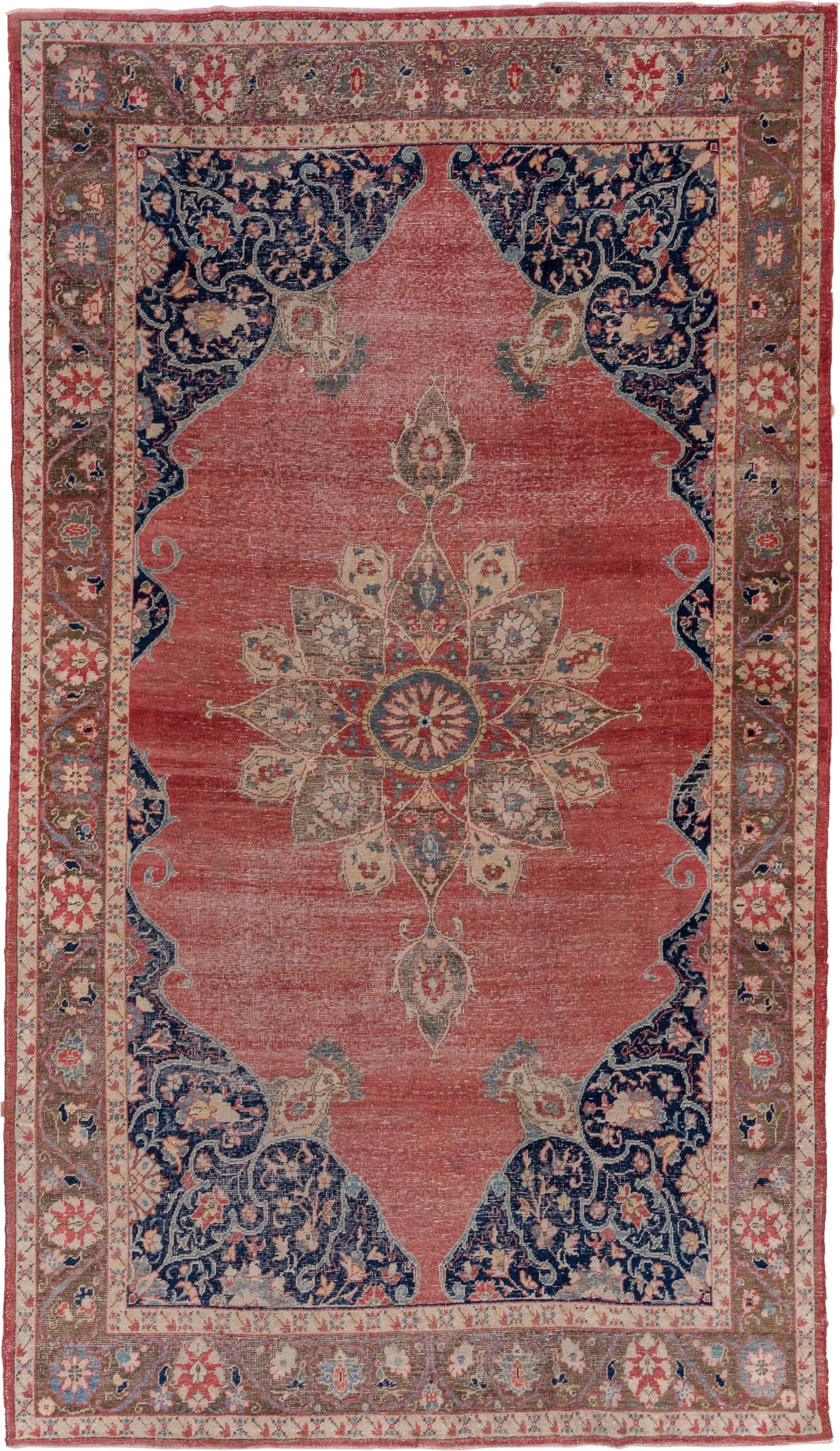 6' x 11' one-of-a-kind handmade vintage Oushak large size rug. Color palette: coral, navy, ivory, taupe, rose, slate, camel
