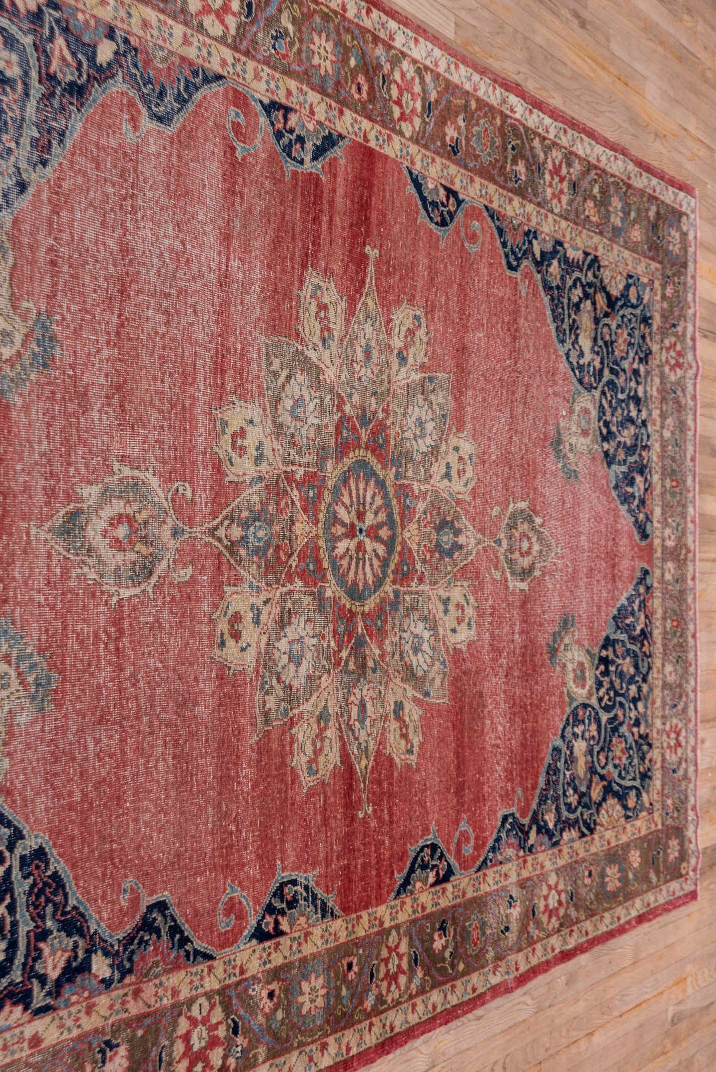 6' x 11' one-of-a-kind handmade vintage Oushak large size rug. Color palette: coral, navy, ivory, taupe, rose, slate, camel