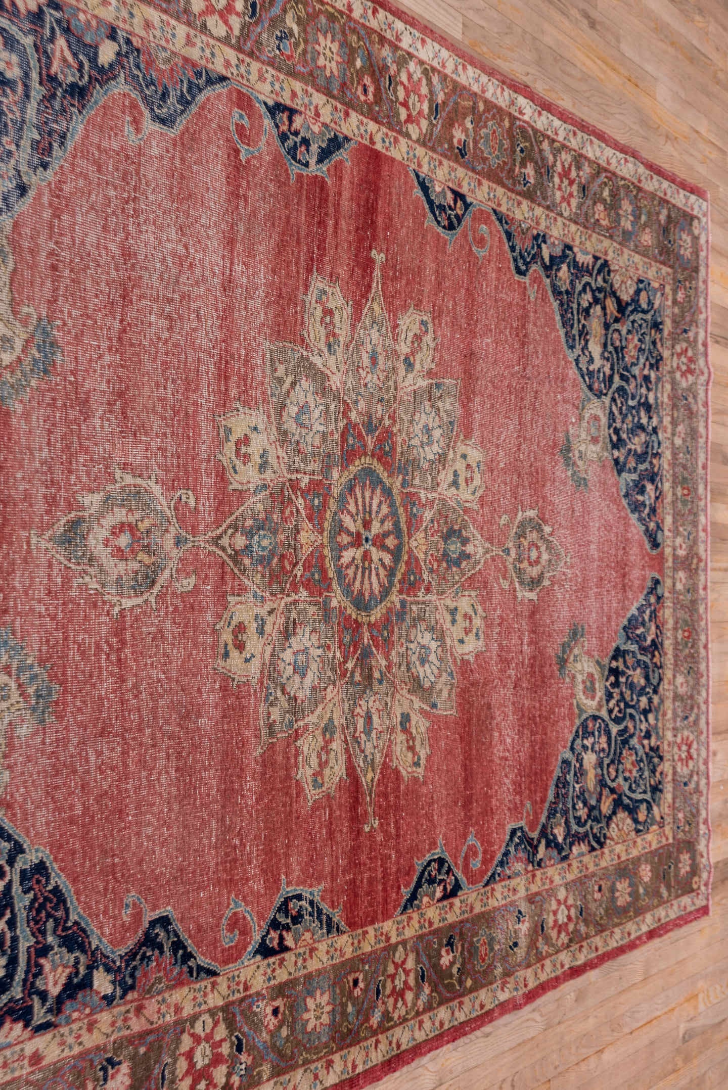 6' x 11' one-of-a-kind handmade vintage Oushak large size rug. Color palette: coral, navy, ivory, taupe, rose, slate, camel