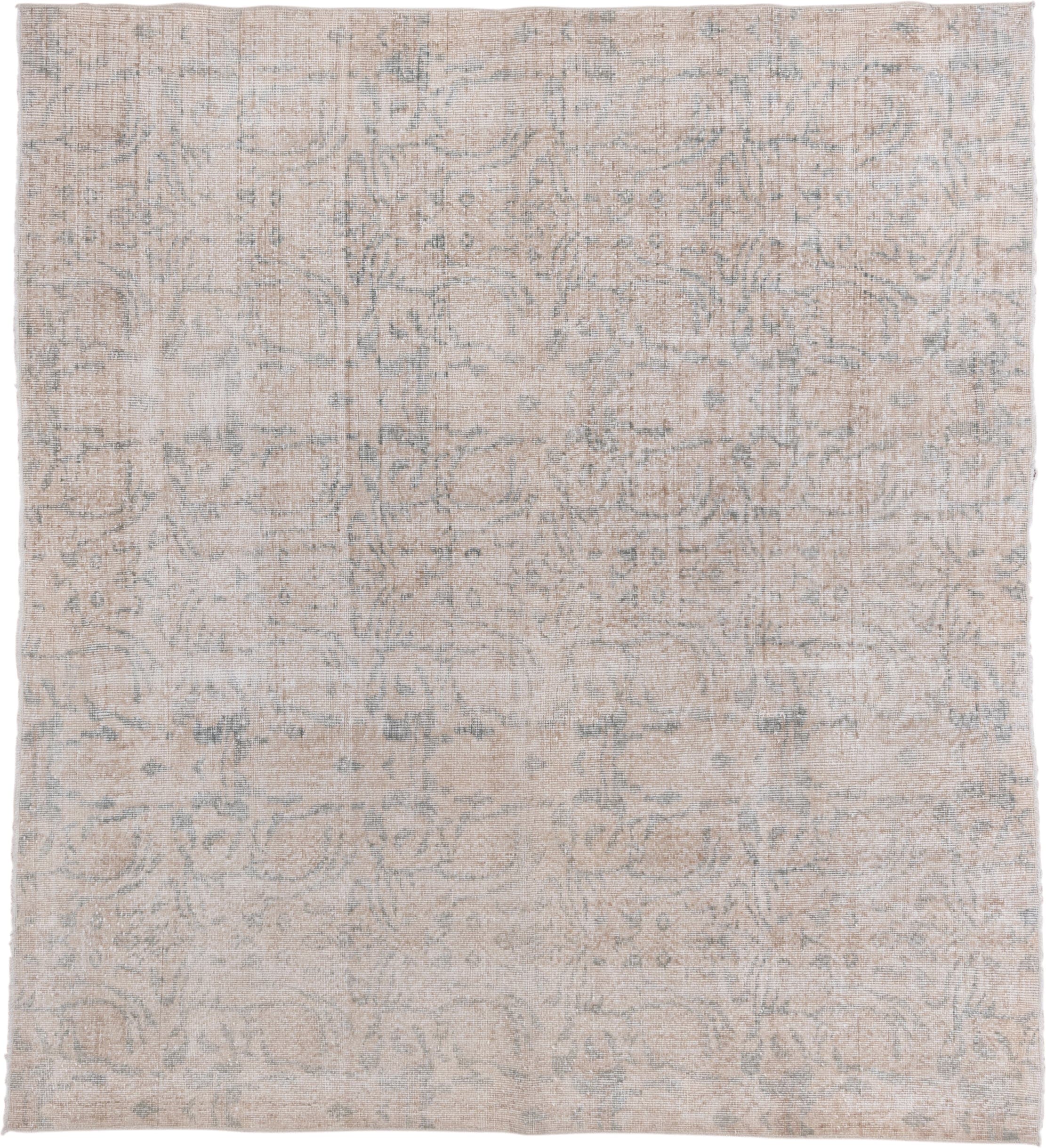 6' x 7' one-of-a-kind handmade vintage Oushak rug. Color palette: ivory, blush, pale blue, taupe, cream, pink, light blue