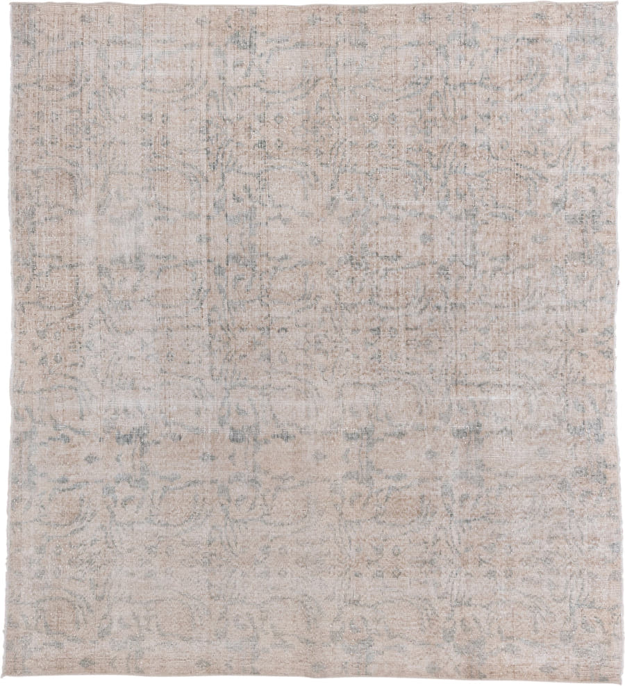 6' x 7' one-of-a-kind handmade vintage Oushak rug. Color palette: ivory, blush, pale blue, taupe, cream, pink, light blue