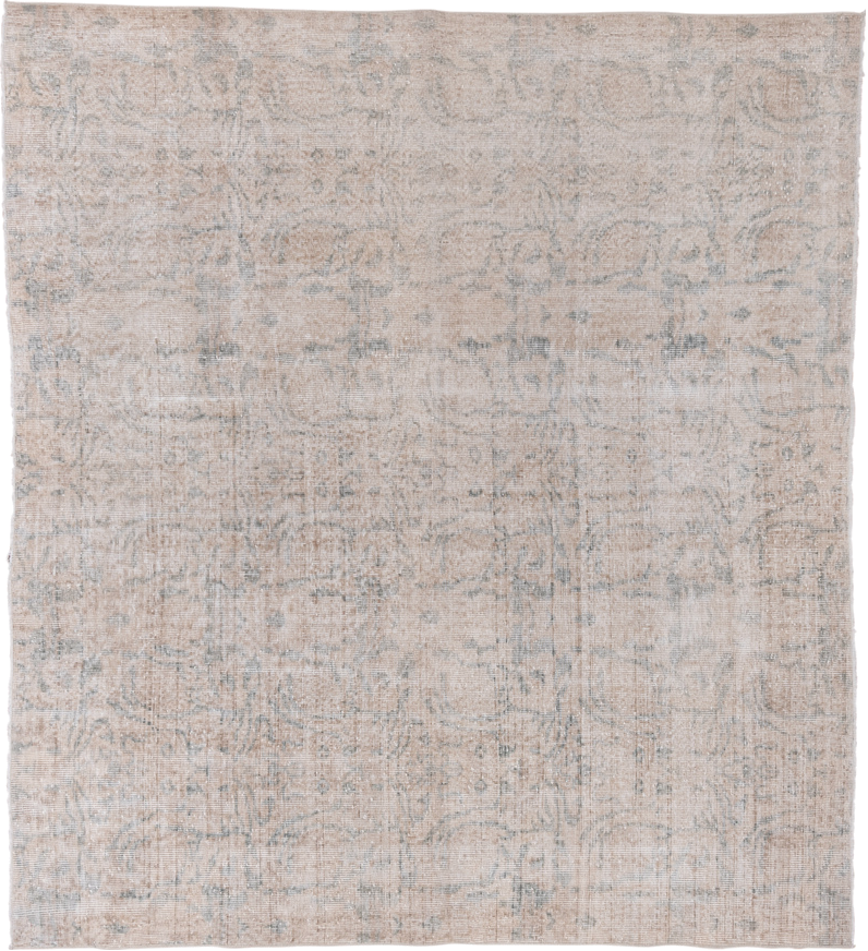 6' x 7' one-of-a-kind handmade vintage Oushak rug. Color palette: ivory, blush, pale blue, taupe, cream, pink, light blue