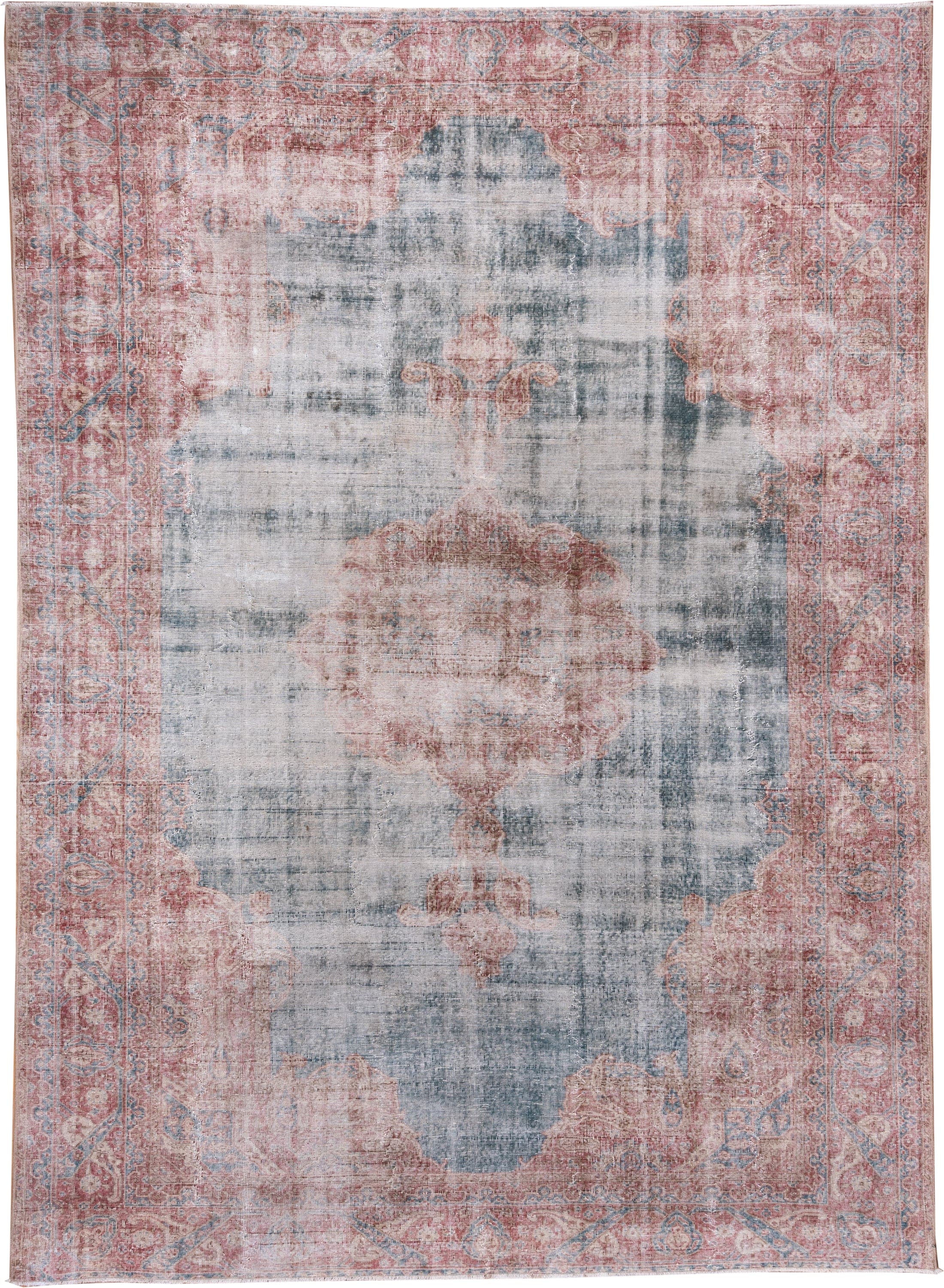 8' x 12' one-of-a-kind handmade vintage Oushak large size rug. Color palette: blue-gray, blush, rose, ivory, pale blue