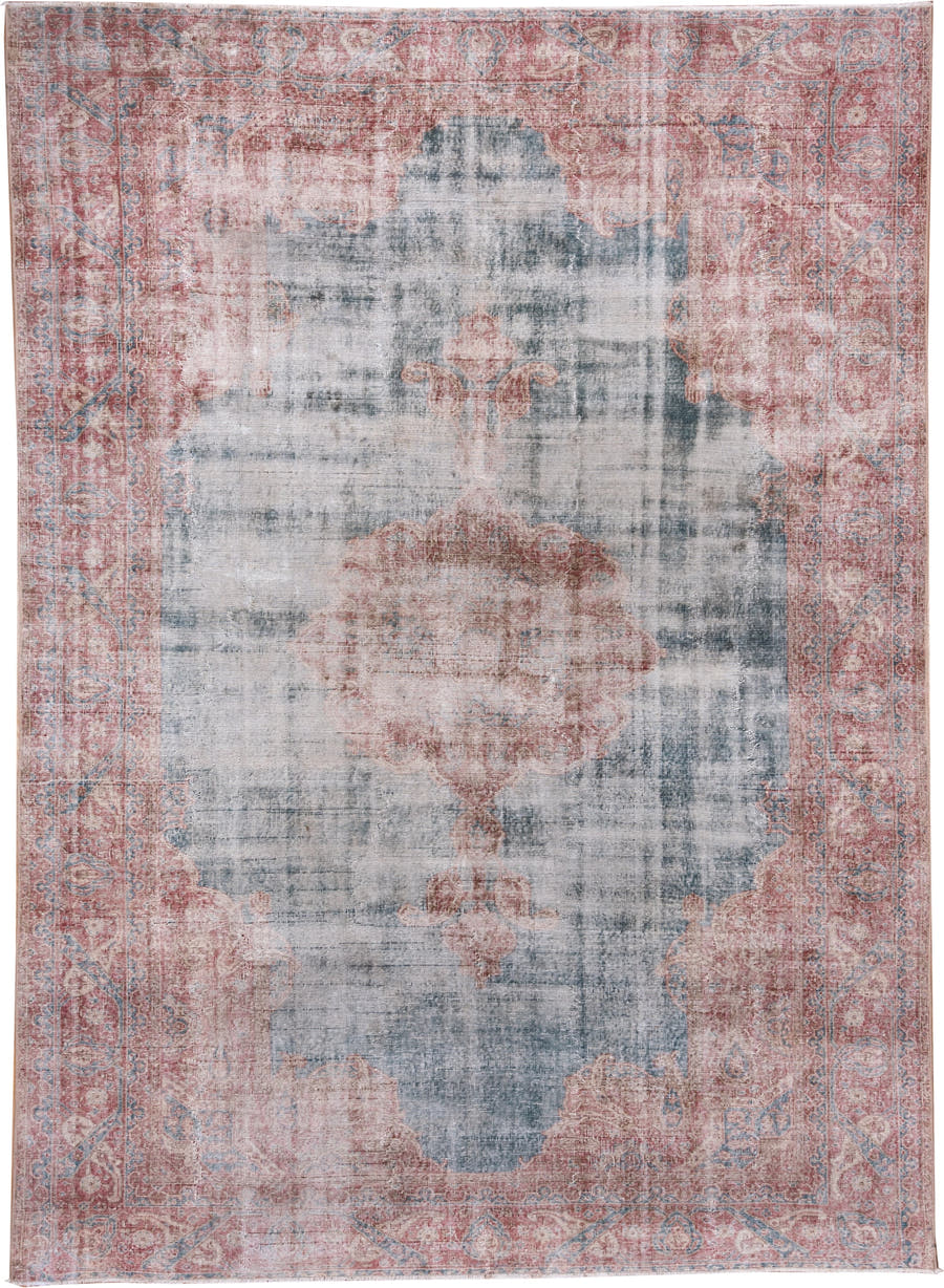 8' x 12' one-of-a-kind handmade vintage Oushak large size rug. Color palette: blue-gray, blush, rose, ivory, pale blue