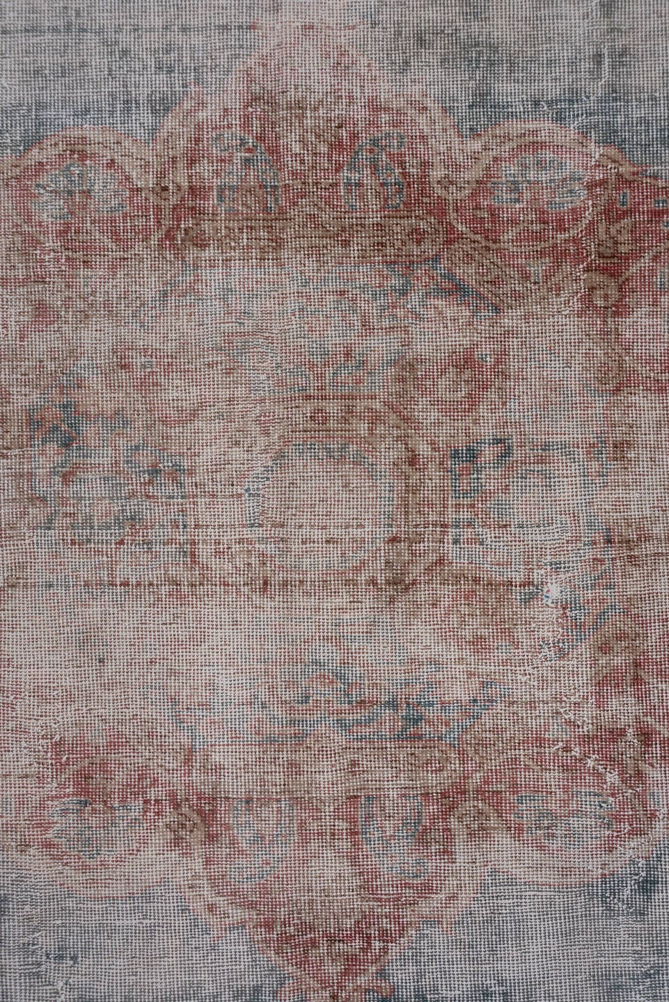8' x 12' one-of-a-kind handmade vintage Oushak large size rug. Color palette: blue-gray, blush, rose, ivory, pale blue