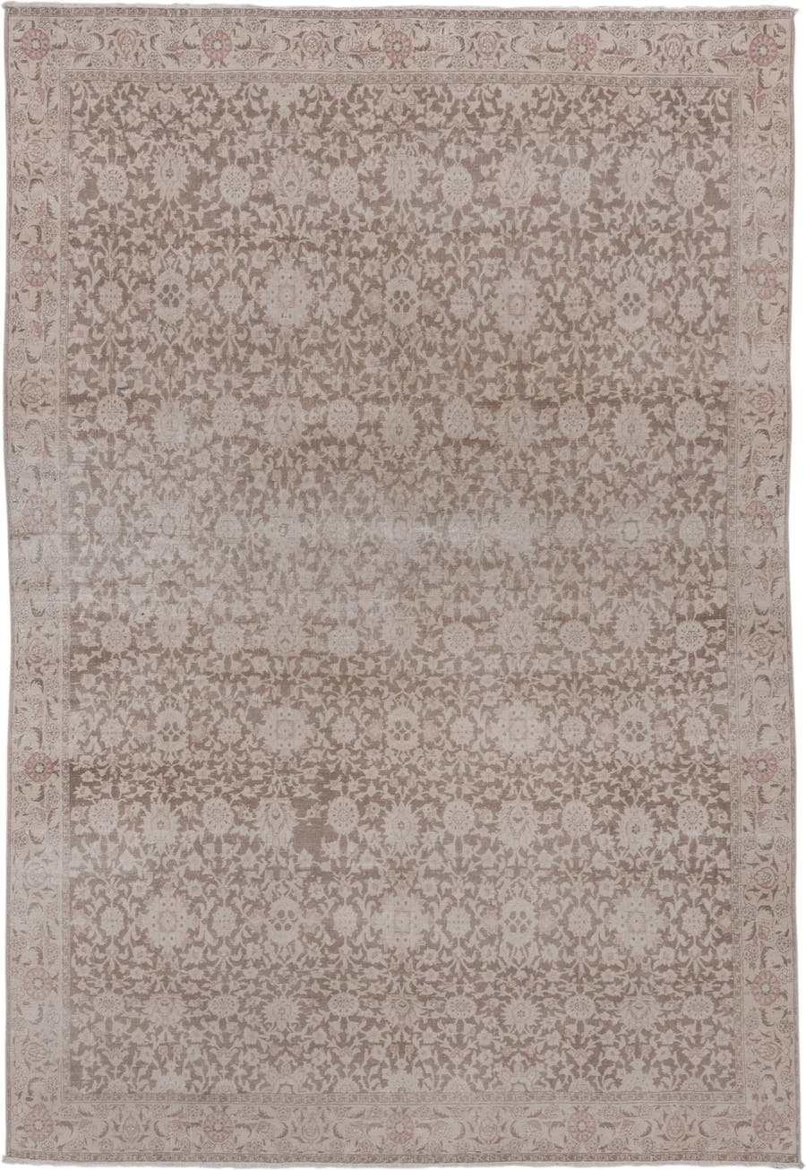 6' x 9' one-of-a-kind handmade vintage Hereke medium size rug. Color palette: taupe, ivory, rose, blush, beige, gray, pink