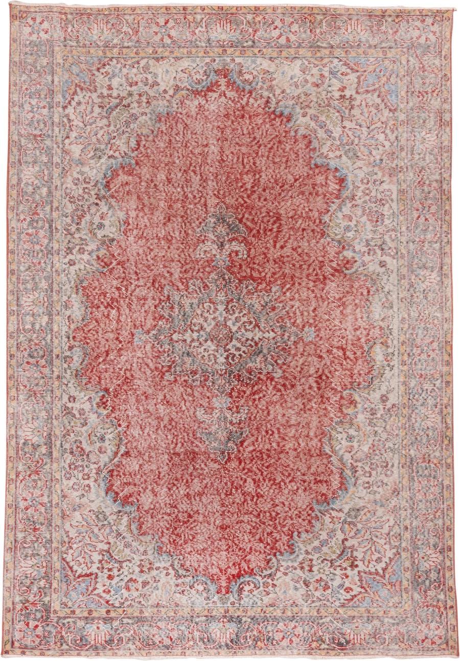 6' x 10' one-of-a-kind handmade vintage Oushak large size rug. Color palette: coral, ivory, pale blue, gray, rose, taupe