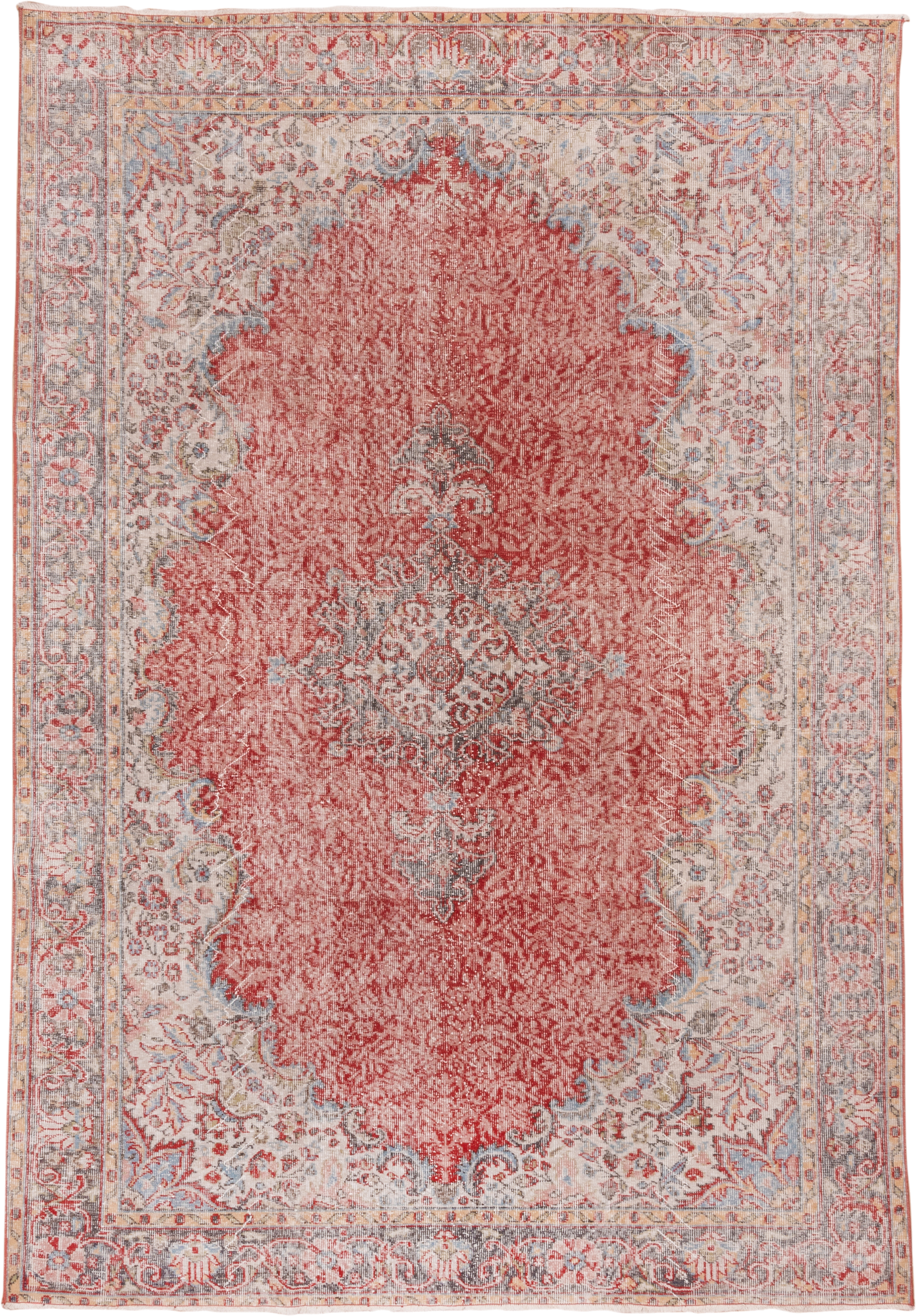 6' x 10' one-of-a-kind handmade vintage Oushak large size rug. Color palette: coral, ivory, pale blue, gray, rose, taupe