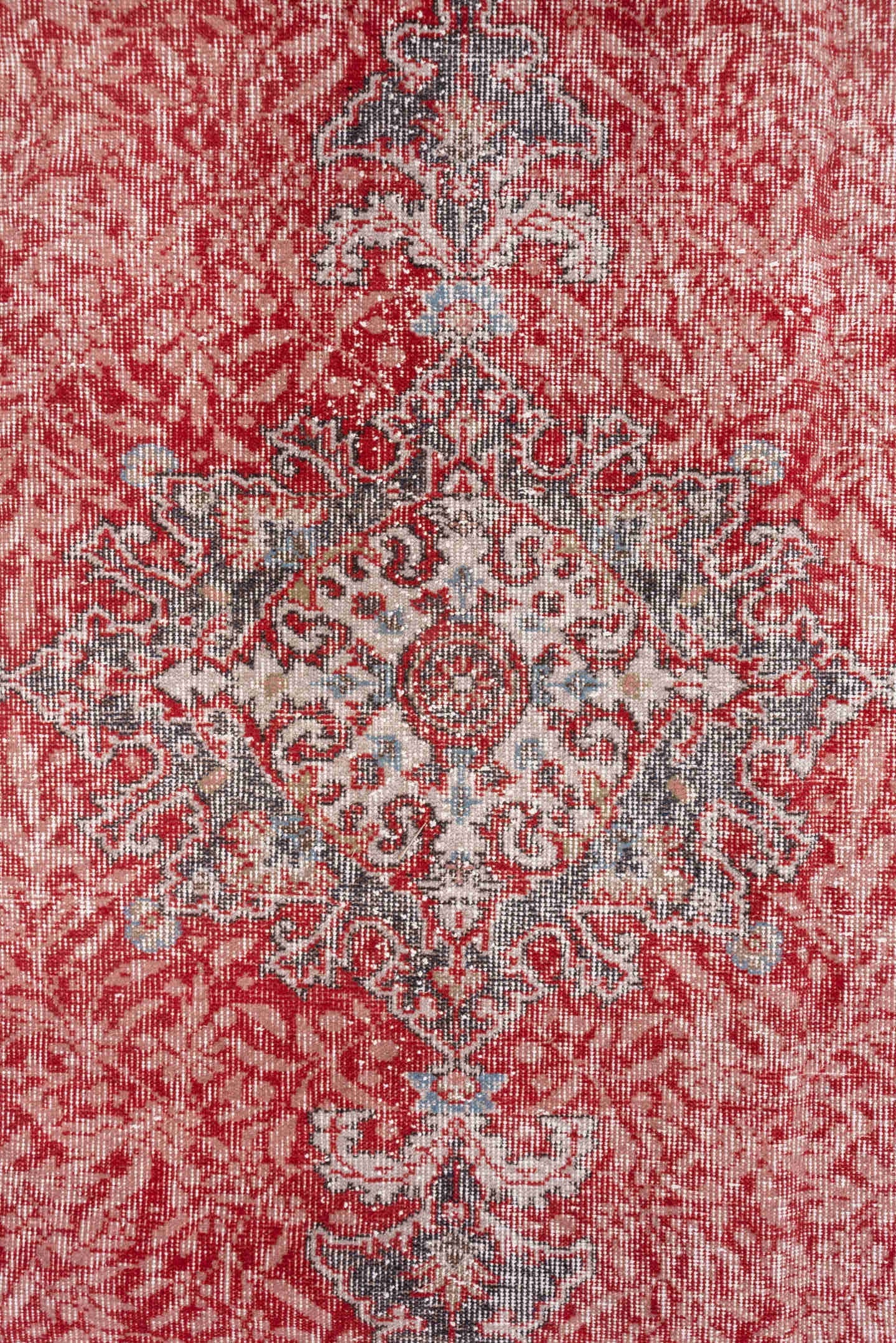 6' x 10' one-of-a-kind handmade vintage Oushak large size rug. Color palette: coral, ivory, pale blue, gray, rose, taupe