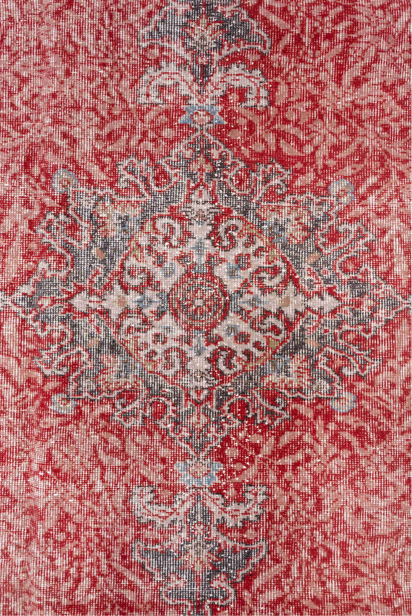 6' x 10' one-of-a-kind handmade vintage Oushak large size rug. Color palette: coral, ivory, pale blue, gray, rose, taupe