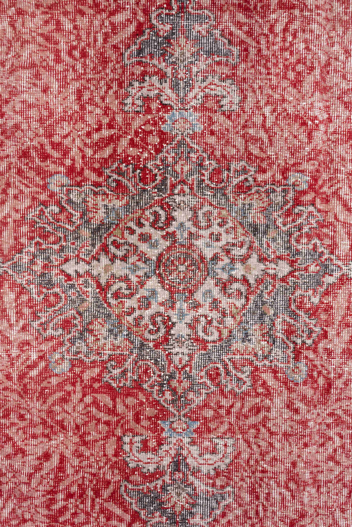 6' x 10' one-of-a-kind handmade vintage Oushak large size rug. Color palette: coral, ivory, pale blue, gray, rose, taupe