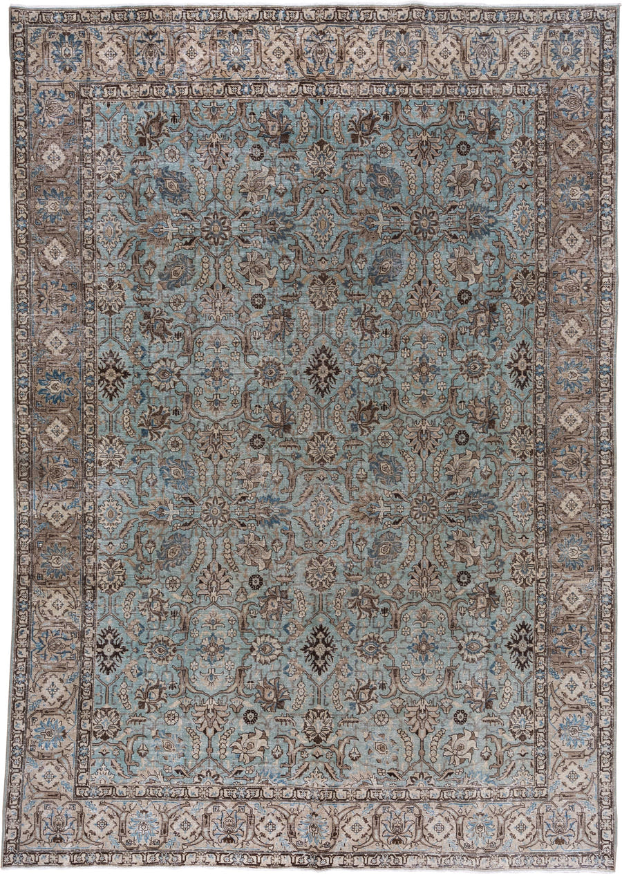 9' x 13' one-of-a-kind handmade vintage Tabriz large size rug. Color palette: light blue, taupe, ivory, brown, sky blue