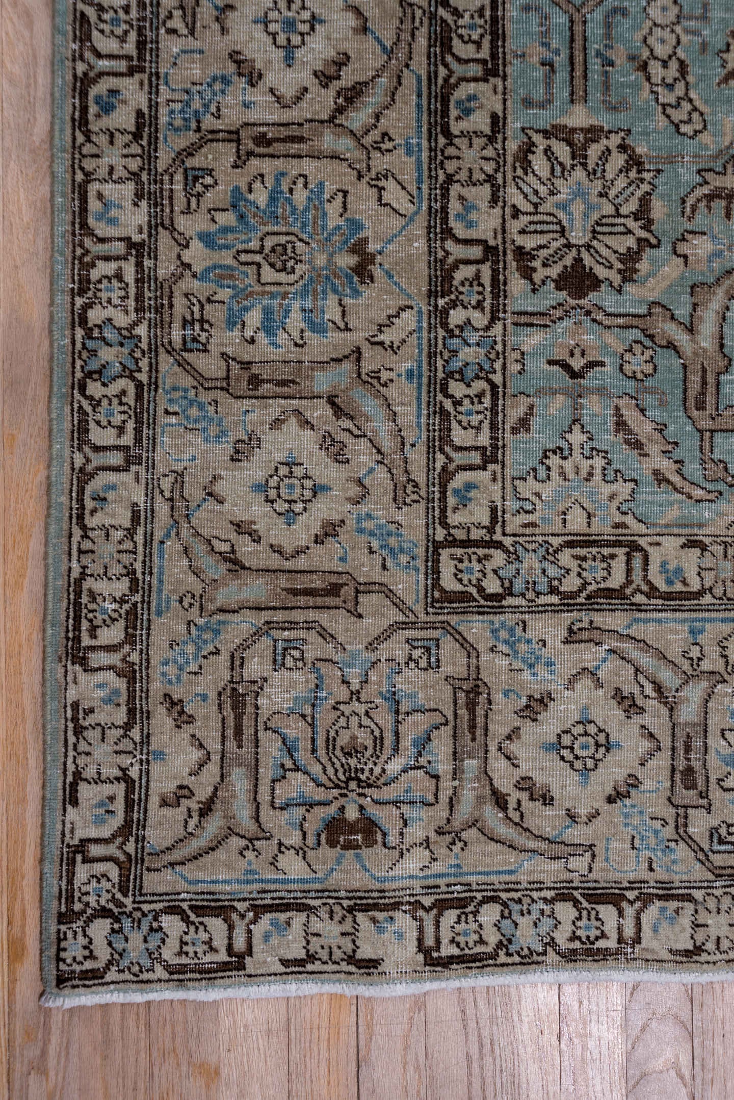 9' x 13' one-of-a-kind handmade vintage Tabriz large size rug. Color palette: light blue, taupe, ivory, brown, sky blue