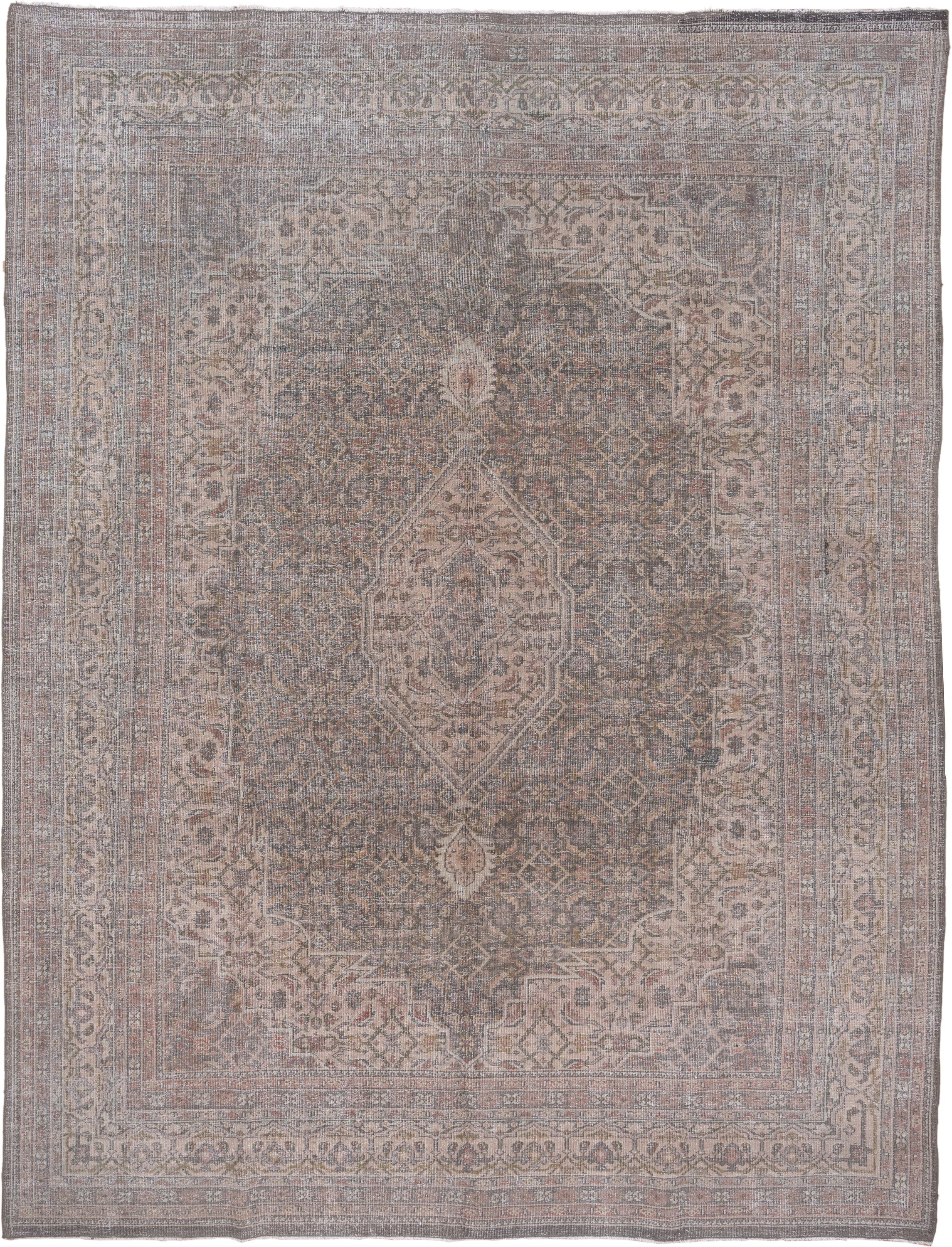 9' x 12' one-of-a-kind handmade vintage Mahal large size rug. Color palette: taupe, ivory, dusty rose, slate, beige