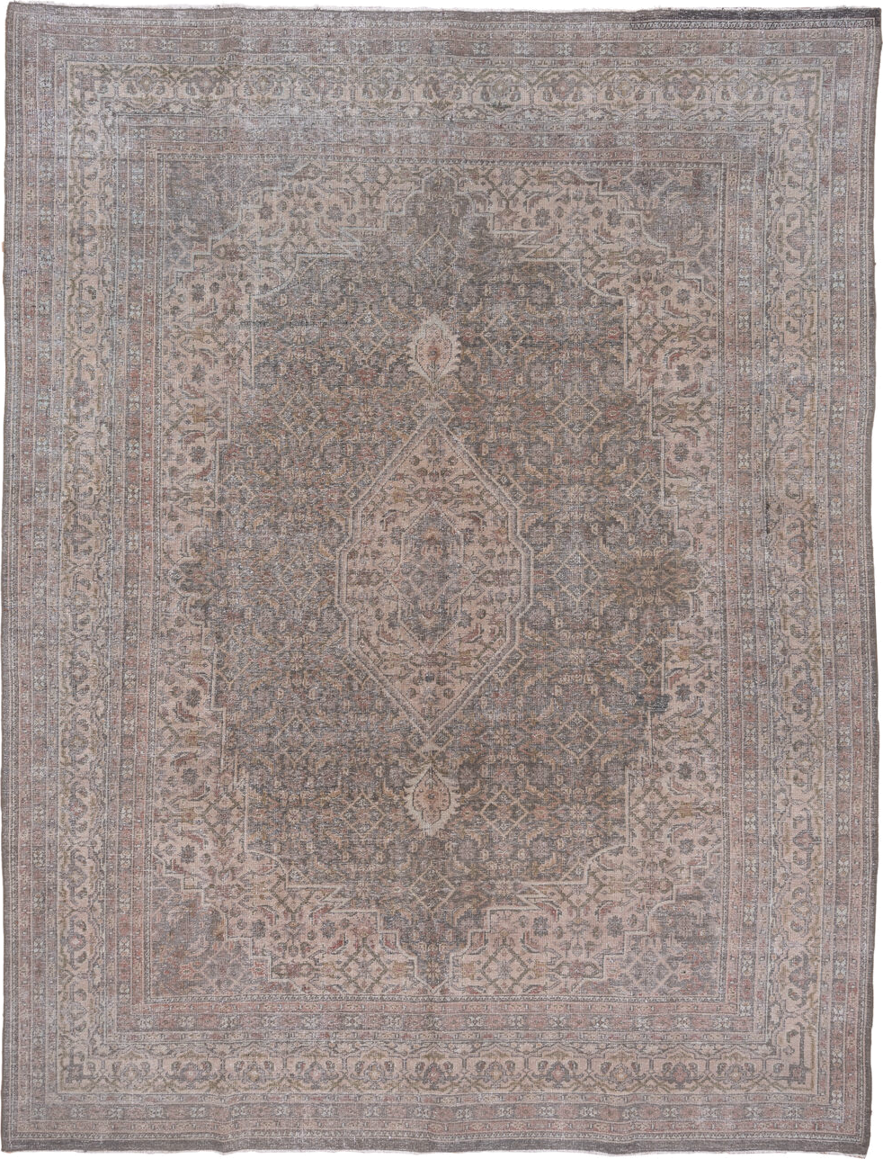 9' x 12' one-of-a-kind handmade vintage Mahal large size rug. Color palette: taupe, ivory, dusty rose, slate, beige