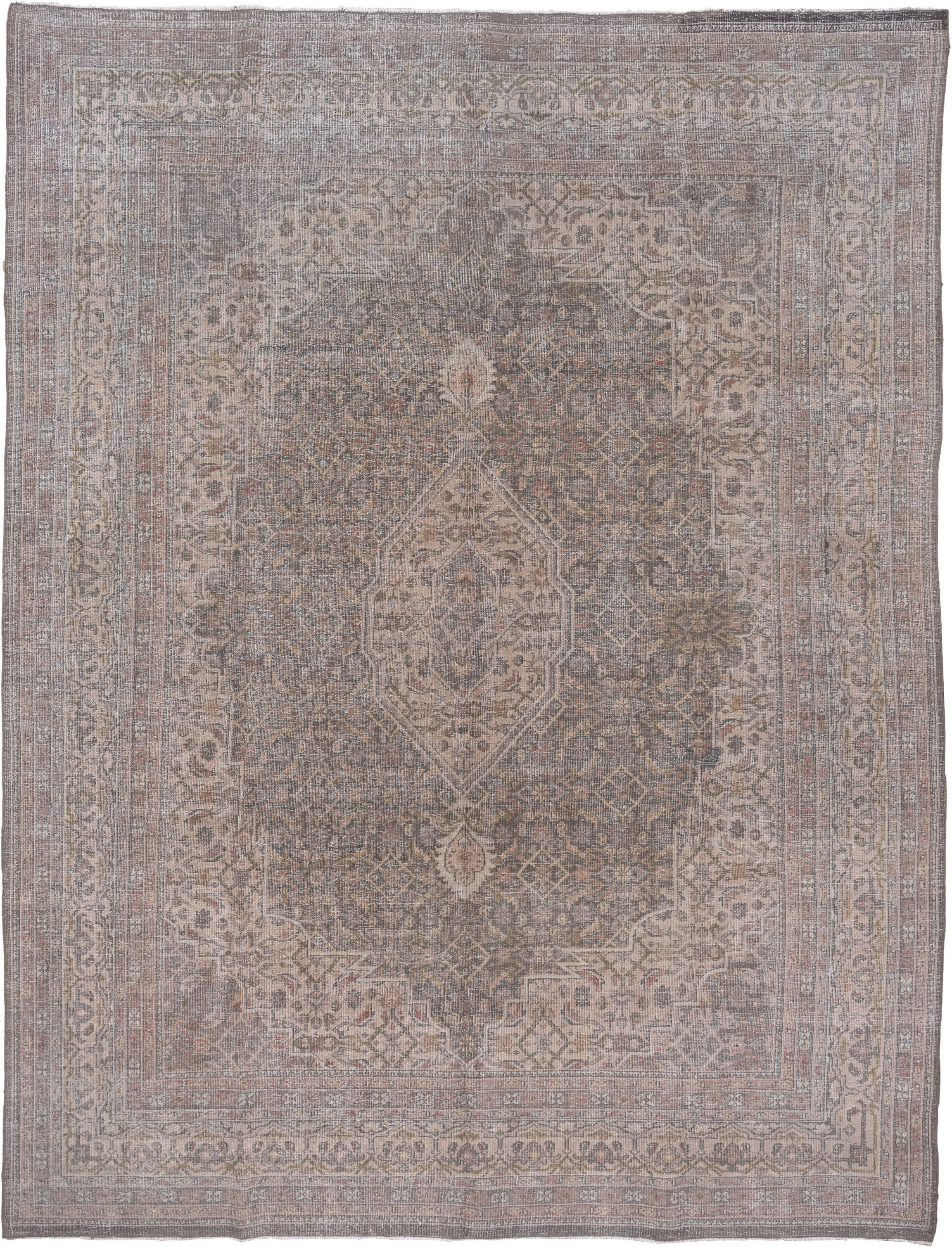 9' x 12' one-of-a-kind handmade vintage Mahal large size rug. Color palette: taupe, ivory, dusty rose, slate, beige