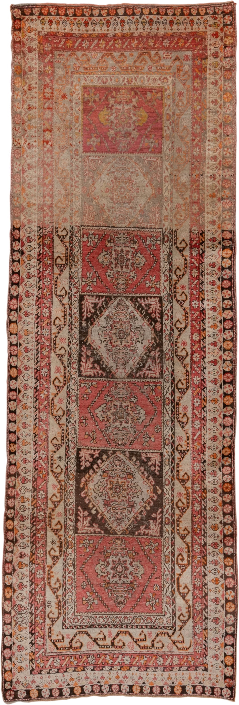 3' x 10' one-of-a-kind handmade antique Sivas runner rug. Color palette: rose, ivory, brown, rust, charcoal, taupe, coral