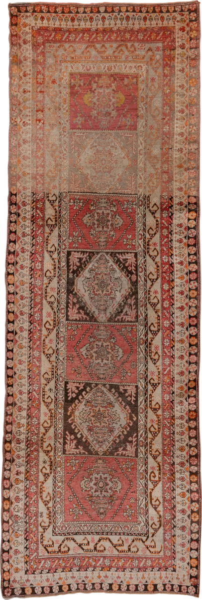 3' x 10' one-of-a-kind handmade vintage Sivas runner rug. Color palette: brown, gray, pink